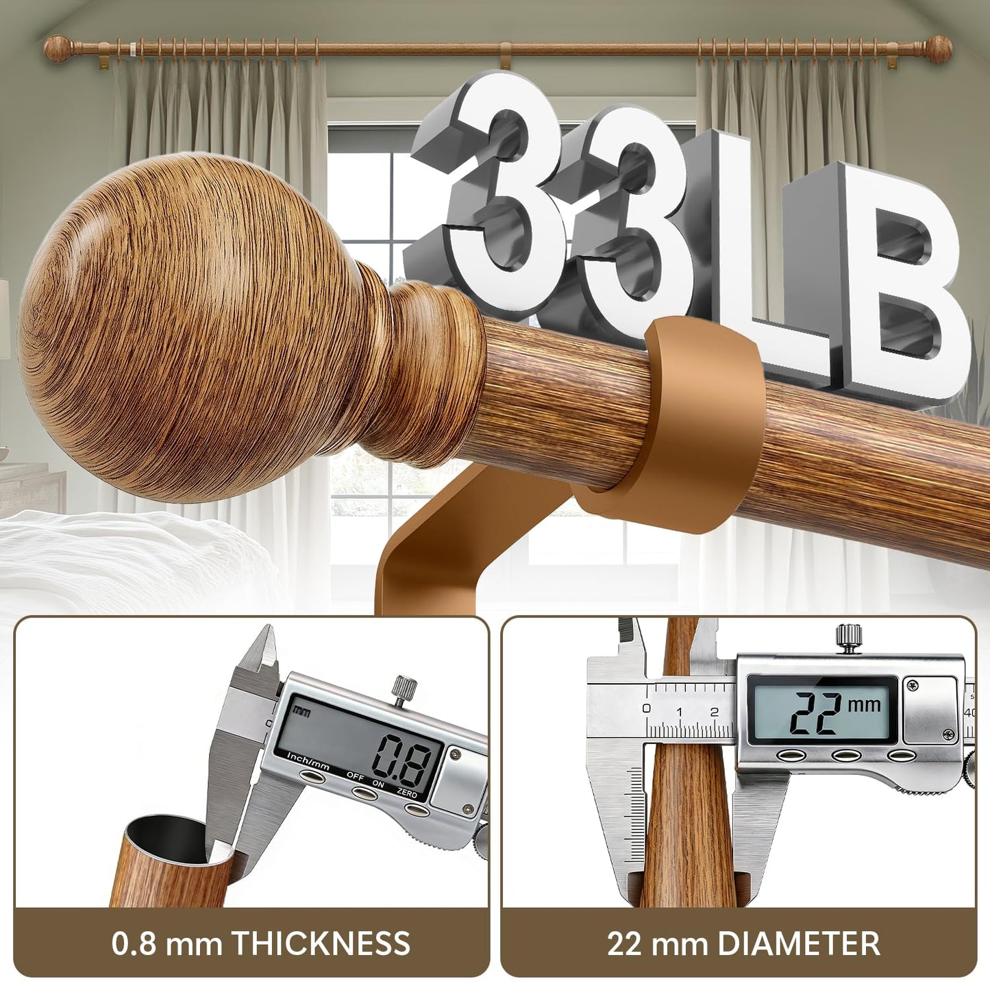 Boho Wood Curtain Rods for Windows 72 to 144 inch 1" Diameter Adjustable Heavy Duty Window Curtain Rod with Decorative Wooden Grain Finials Drapery Rods for Living Room Bedroom Kitchen Cafe Farmhouse