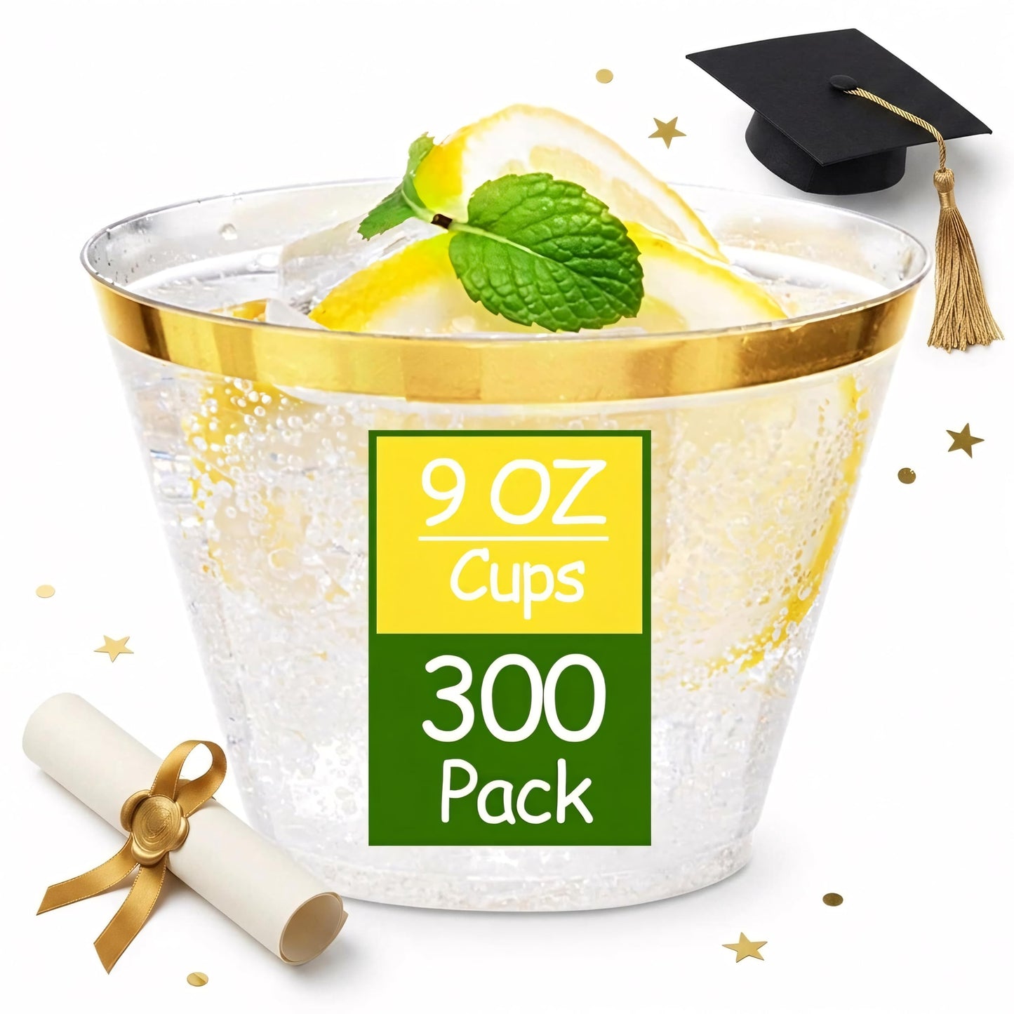 Ciaell 300PCS Gold Plastic Cups - 9Oz Heavy Duty Plastic Cups - Gold Rimmed Disposable Cup - Disposable Clear Wine Cup with Gold Rim for Party & Wedding