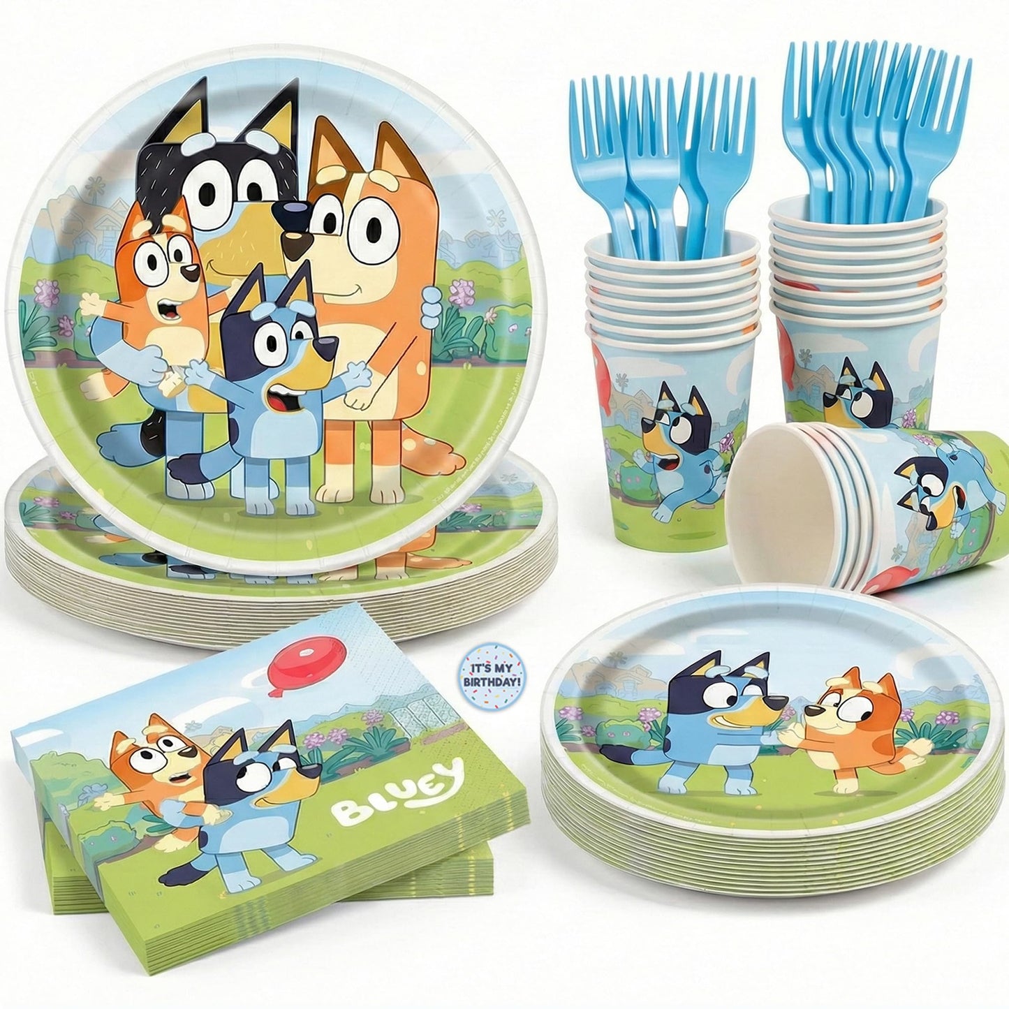 Bluey Birthday Decorations for Party | 16 Dinner Plates, 16 Dessert Plates, 16 Napkins, 16 Cups, 18 Forks | With Sticker | Officially Licensed