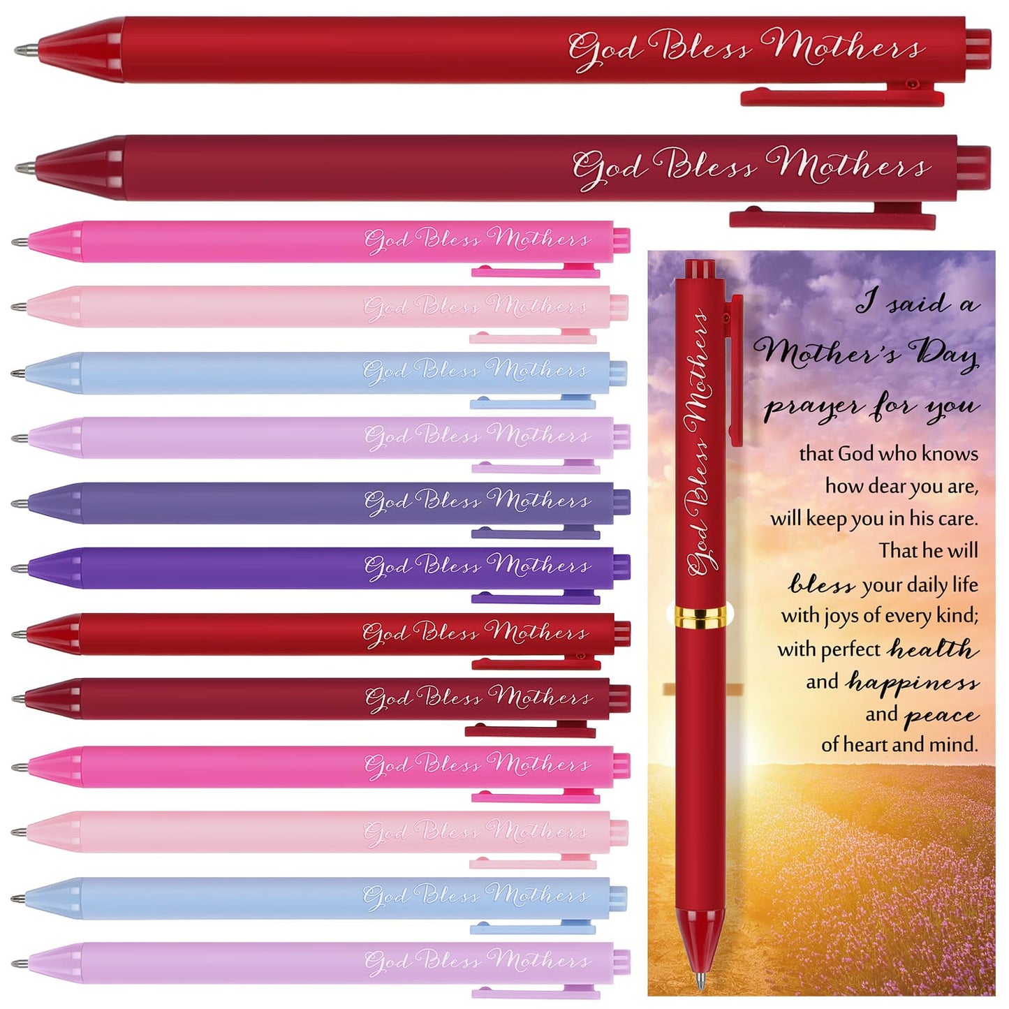 Eersida 100 Sets Mothers Day Gifts for Church Bulk God Bless Mothers Day Pens 8 Colors Christian Pens Bible Verse Ballpoint Religious Gift Cards Christian Cards with Ties for Church Birthday