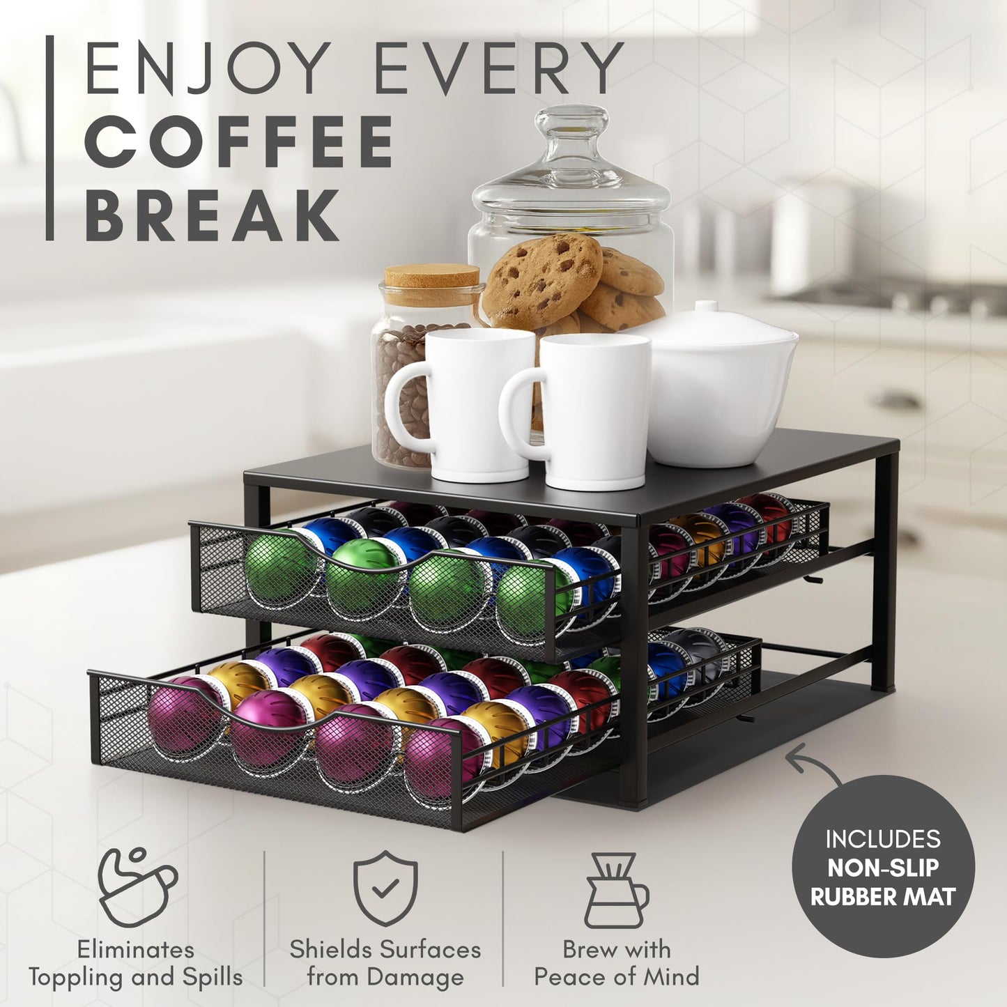 Nookaway Coffee Pod Holders Drawer - 2 Tier K-Cup Holder Drawer with 56 Pod Cap, Kcup Storage Nonslip Rubber Mat - Dual Sliding K Cup Organizer for Countertop, Nespresso Pods Holder for Home Office