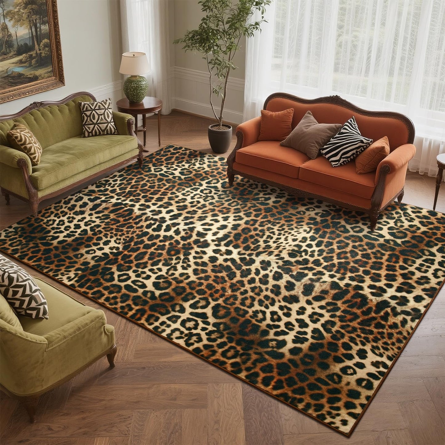 DweIke Leopard Rugs for Living Room, 5x7 Cheetah Print Rug for Bedroom Decor, Washable Non-Slip Stain Resistant Faux Animal Throw Carpet for Dining Room Office Western Home, Dark Brown