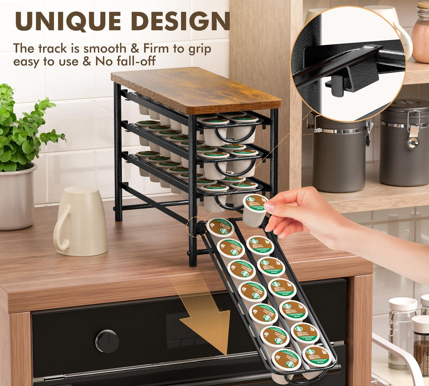 HFHOME Coffee Pod Holder with Wooden Top, Compatible with K-Cups, 4-Tier Coffee Capsule Storage Drawer, 56 Capacity Pods Organizer for Kitchen Counter, Home, Office, Black