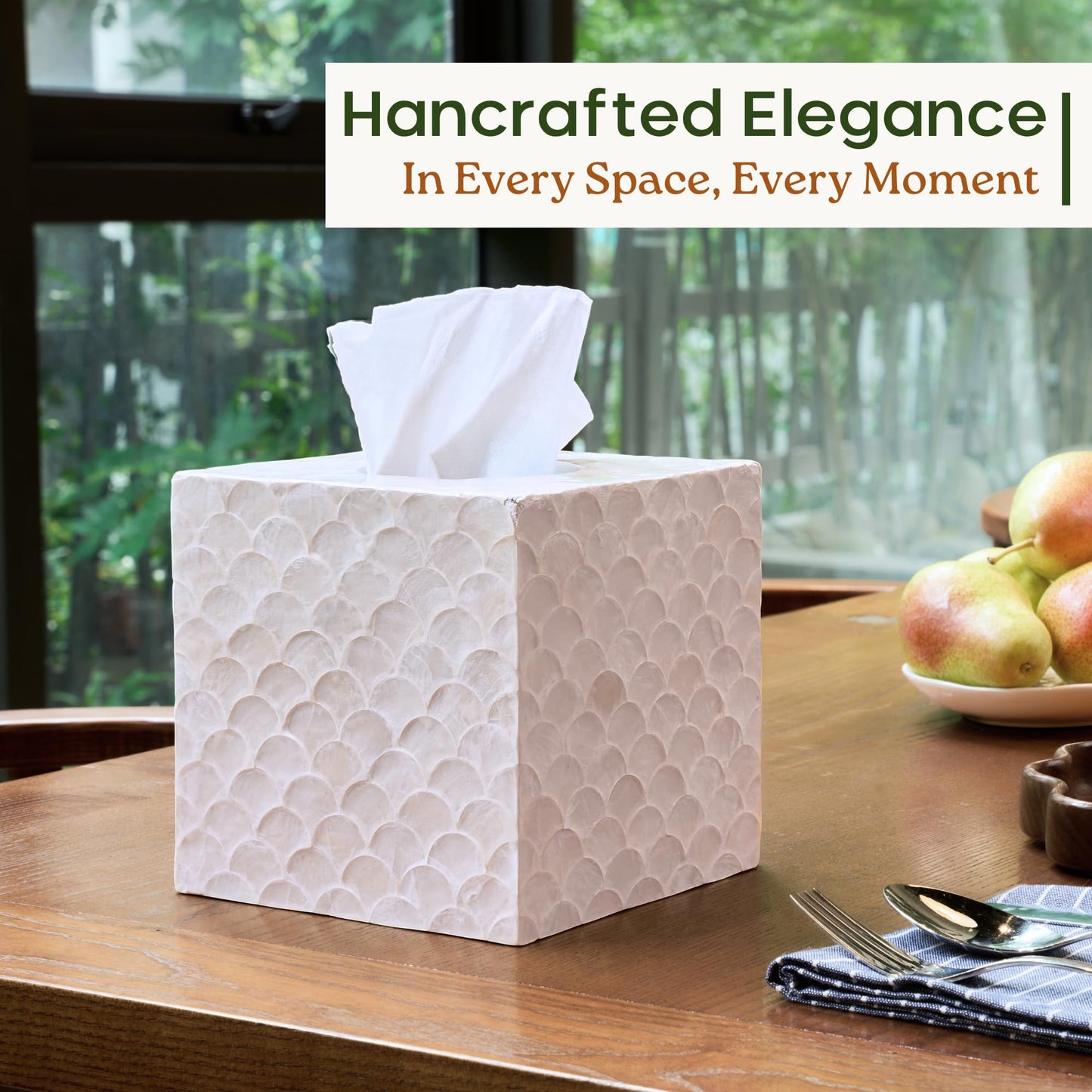 CHI AN HOME 5.8” Capiz Tissue Box Cover, Square Decorative Tissue Holder with Bottom Slider, Handmade Bathroom Accessories, Elegant White Cube for Vanity, Bedroom, Office & Coastal Décor (Natural)