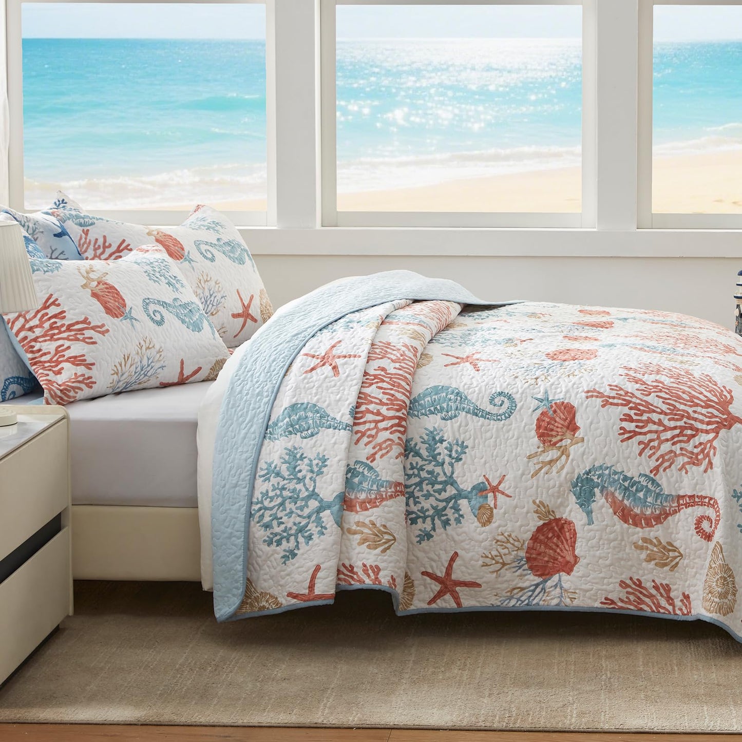 LEAONME Coastal Quilt Set Full/Queen Size - Lightweight Microfiber Reversible Bedspread, 90''x98'', Coral, Includes 2 Shams