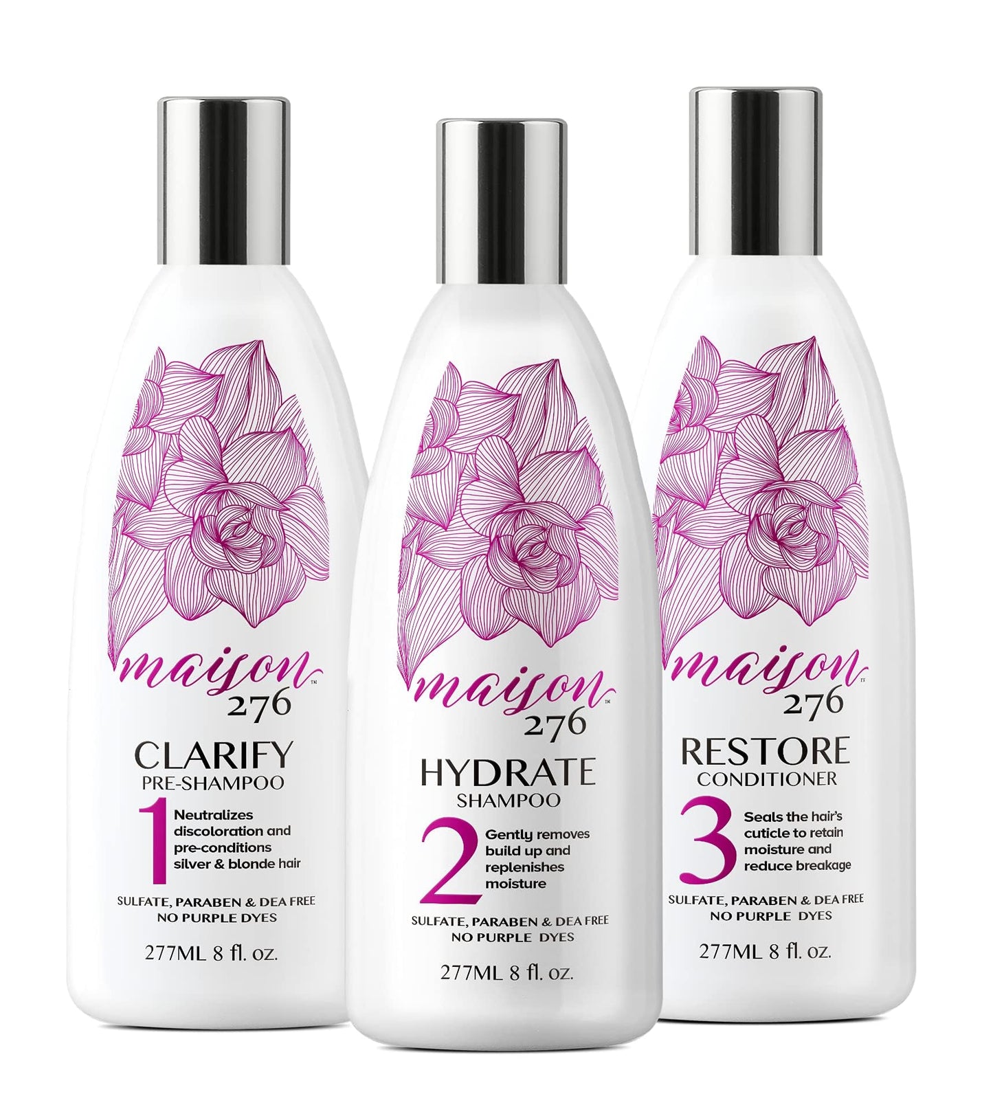 Maison 276 Pre-Shampoo, Shampoo and Conditioner for Silver, Gray & Blonde Hair, 3-Step System Tone-Correcting Shampoo, NOT a Purple Shampoo, Neutralizes Brassiness, Sulfate-Free, 3x 8oz Bottles