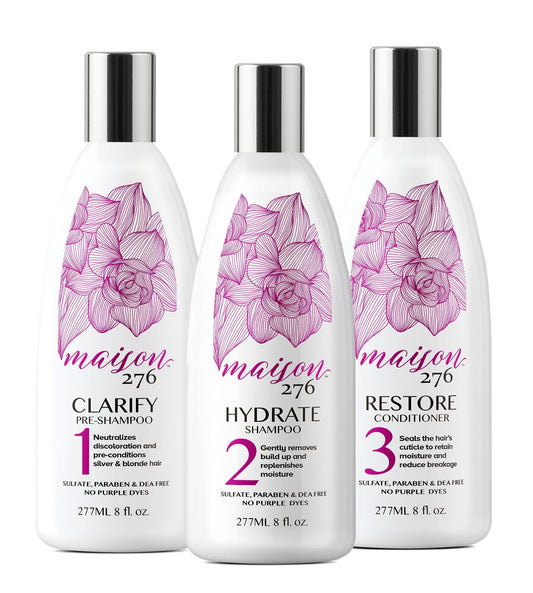 Maison 276 Pre-Shampoo, Shampoo and Conditioner for Silver, Gray & Blonde Hair, 3-Step System Tone-Correcting Shampoo, NOT a Purple Shampoo, Neutralizes Brassiness, Sulfate-Free, 3x 8oz Bottles