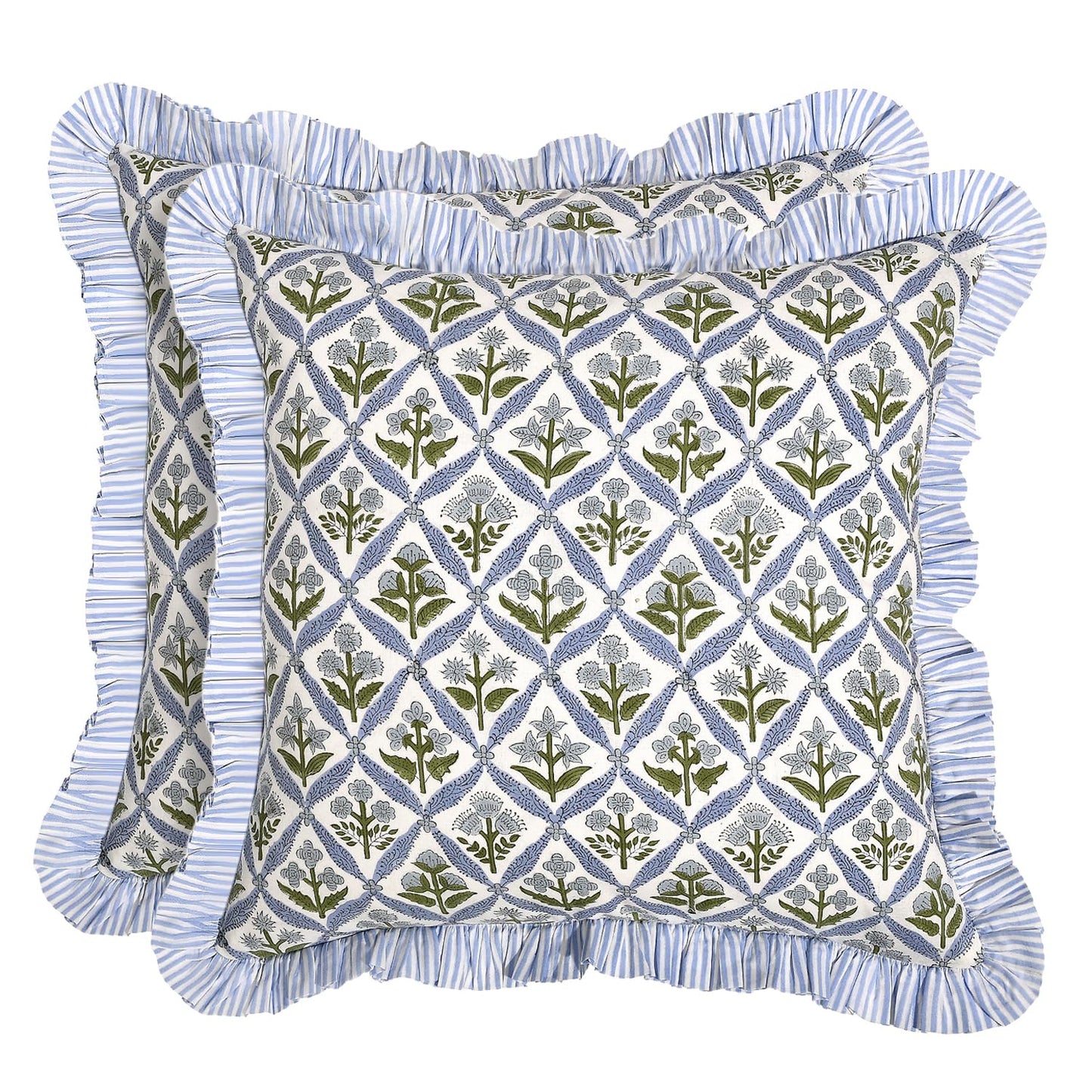 Ridhi Block Print Light Steel Blue Throw Pillow Cover 18" x 18" (Pack of 2) Decorative Cushion Covers with Ruffle for Couch, Sofa, Bed, Living Room, Home Decor Gift for Spring, Easter, Valentine