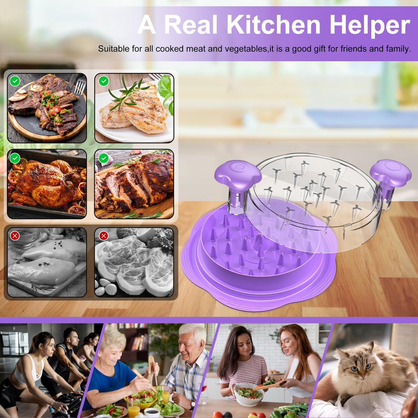 SURETIVIAN Chicken Shredder Tool Twist Large Chicken Breast Shredder with Brush&Fork, Visible Meat Shredder Machine, Anti-Slip Strip, Ergonomic Handle, BPA Free, Suitable for Pork Beef Chicken(Purple)