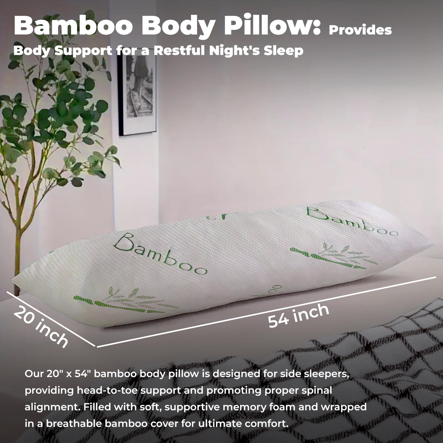 OMEO Full Rayon Bamboo Fiber Pillow Memory Foam Body Pillow for Side Sleeper, Huggable Long Body Pillow for Adults with Washable Pillowcase with Zipper, 20x54 Inch