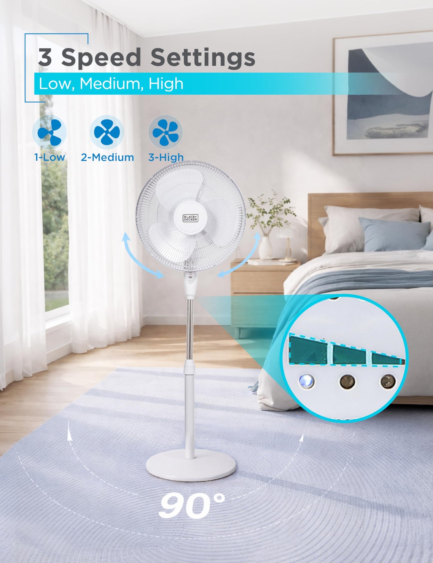 BLACK+DECKER 16" Standing Oscillating Pedestal Fan with Remote, 90-Degree Oscillation, 3 Speed Settings, Adjustable Height, Timer, 30-Degree Tilt, BFSR16W, White