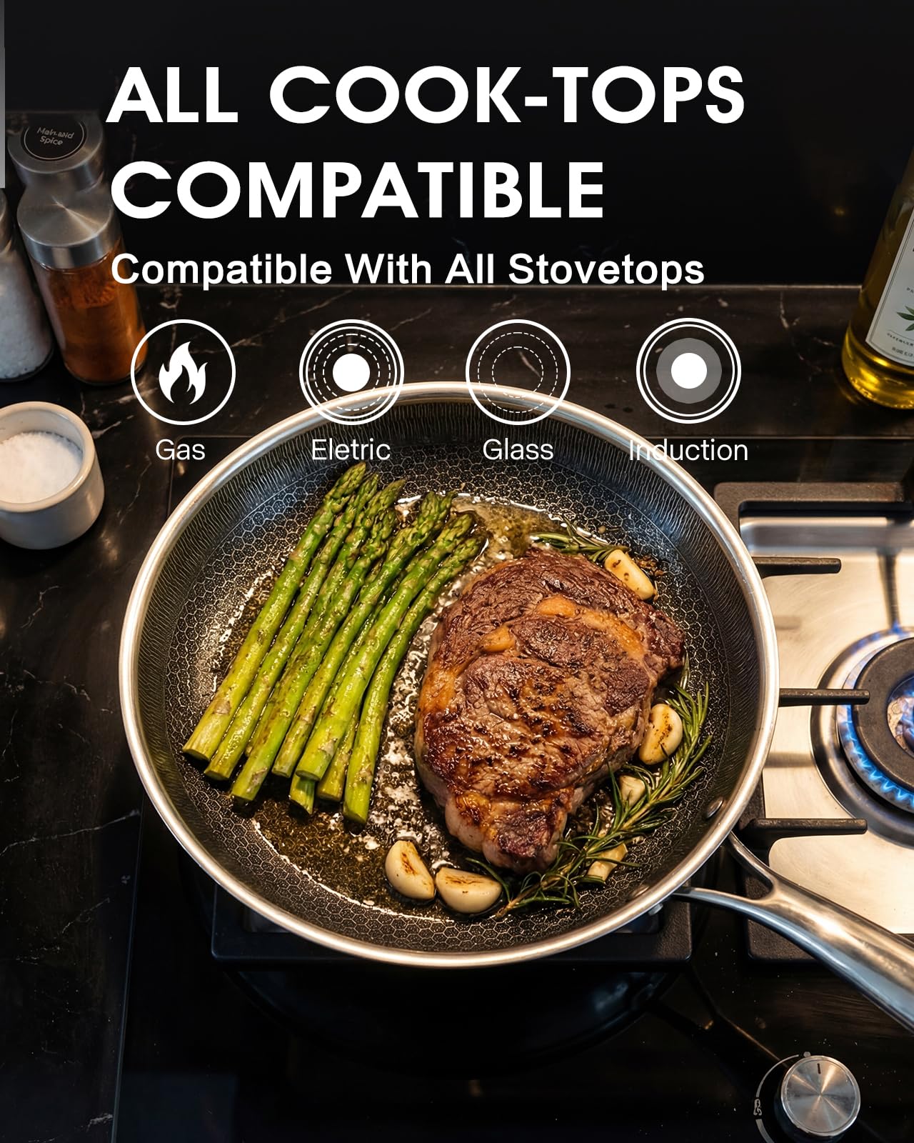 Non Stick 8 Inch Frying Pan with Lid, Hybrid Nonstick Stainless Steel Skillet Pan with Stay-cooling Handle, PFOA Free Non Toxic Dishwash & Oven Safe Kithchen Cookware Set Compatible All Cooktops