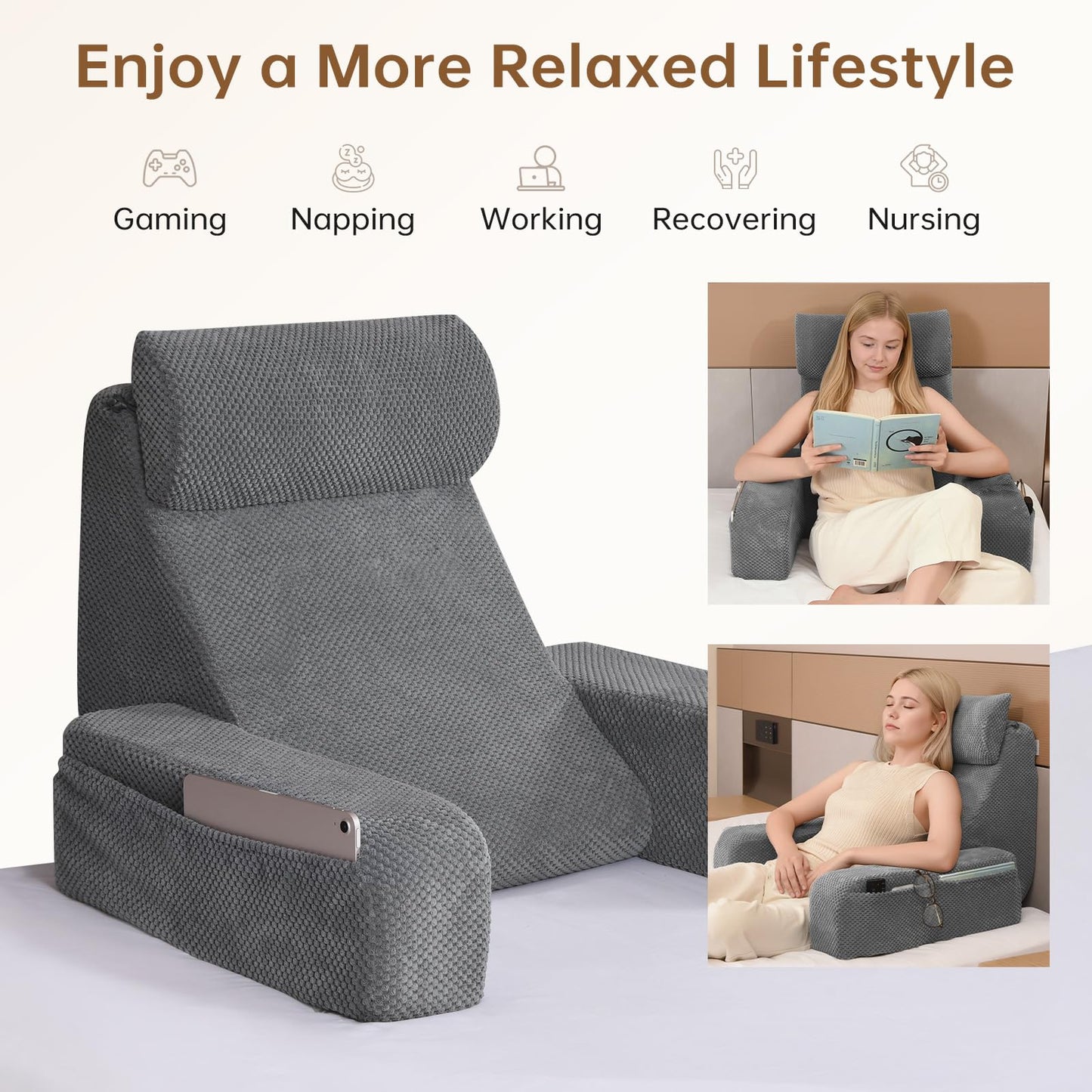 Vekkia Reading Pillow,Back Pillow for Bed Sitting Up Adult,Backrest Support Pillow with Build-in Arms & XL Pockets,Rest Chair for Reading,Gaming,Relaxing,Working or Watching TV in Bed/Floor-19'' Grey