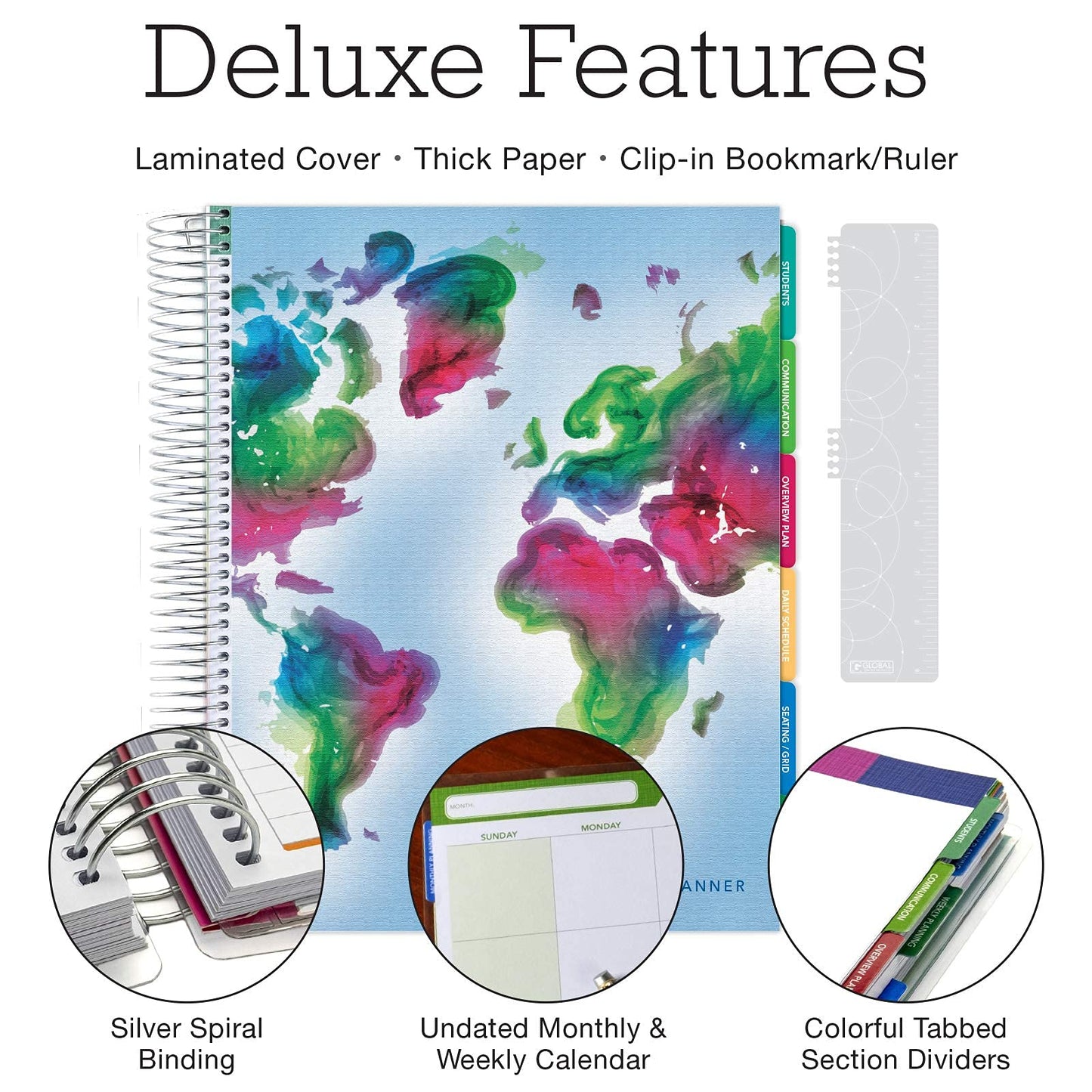 Elan Publishing Company DELUXE Undated Teacher Planner: 8.5x11 Includes 7 Periods, Page Tabs, Bookmark, Planning Stickers, Pocket Folder Daily Weekly Monthly Planner Yearly Agenda (World Map)