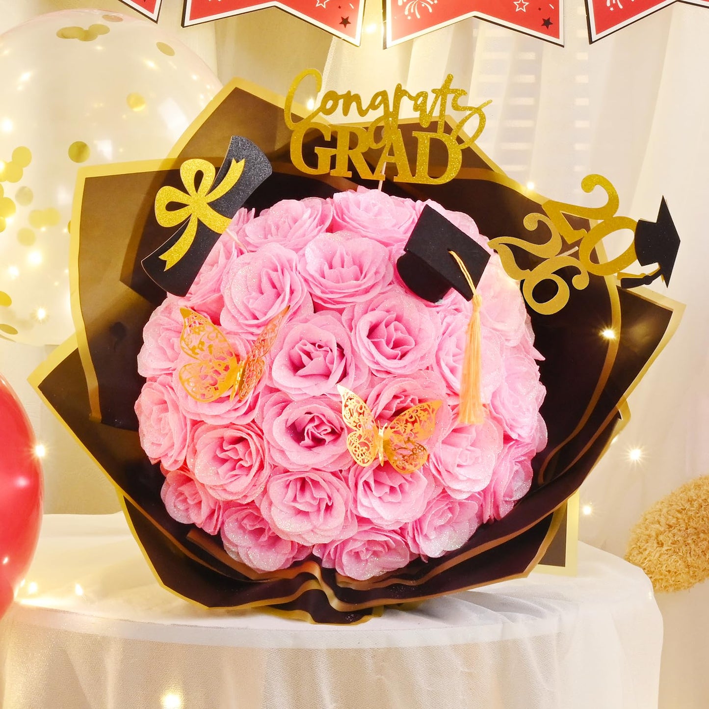 Waipfaru 2026 Graduation Gifts, Glitter Roses Bouquet, Graduation Gift for Her, DIY Fake Flowers Bouquet with Graduation Stand-Up Signs, 36 Pink Roses, for High School/College/Middle School Grads