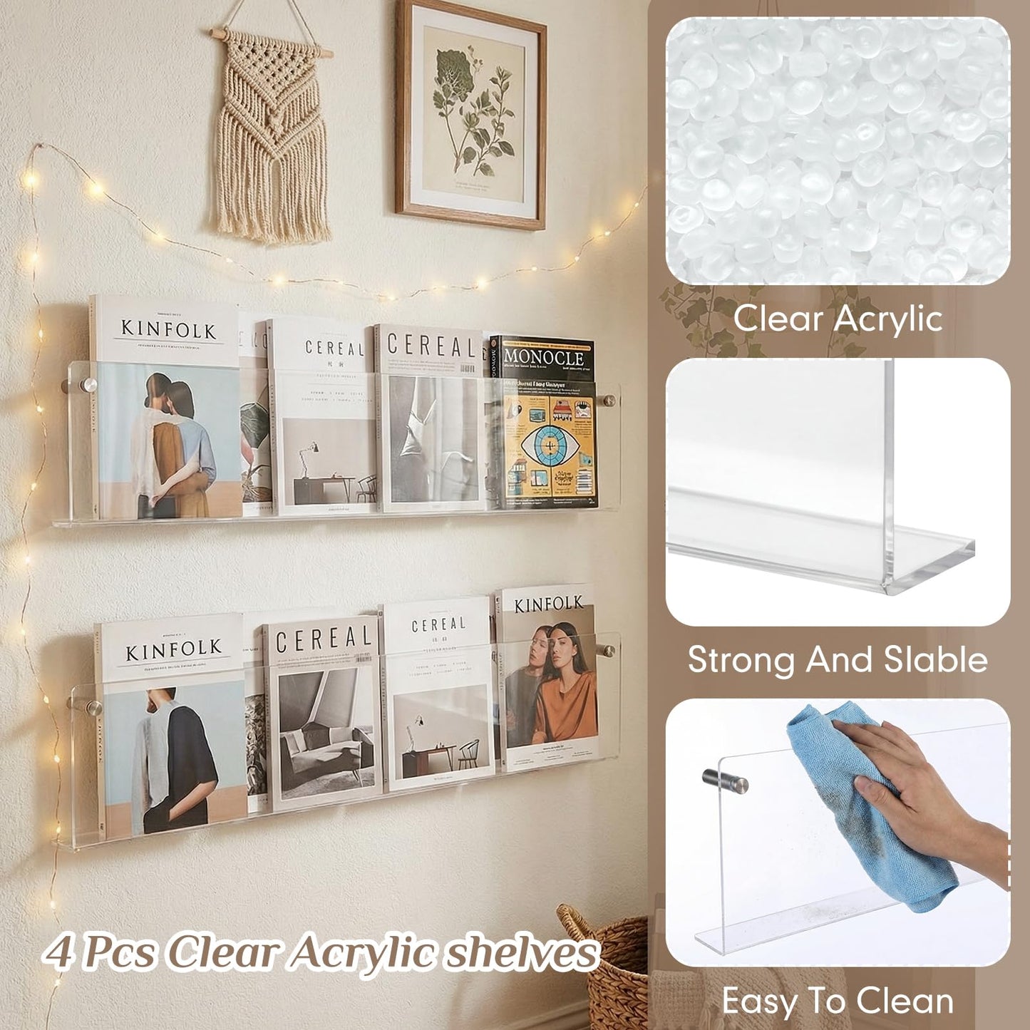 Fiwochic 2 Pack Clear Acrylic Magazine Holder Brochure Holder Wall Mount Hanging Bookshelf Literature Storage Rack for Document Brochure File Display Shelf for Waiting Living Room Office (24 Inch)