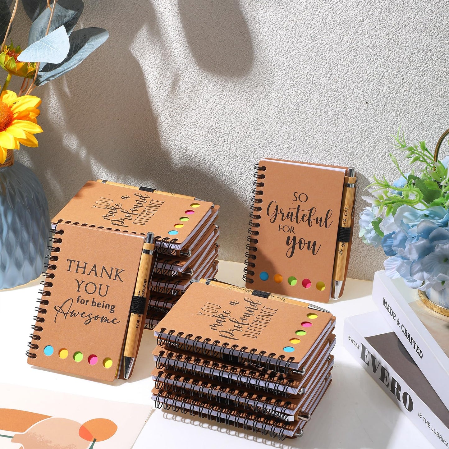 Honoson 30 Set End of Year Teacher Appreciation Gifts Bulk Inspirational Notebook with Sticky Note and Bamboo Pen Set Coworker Thank You Gifts for Employee Team Staff Office Group (Kraft)