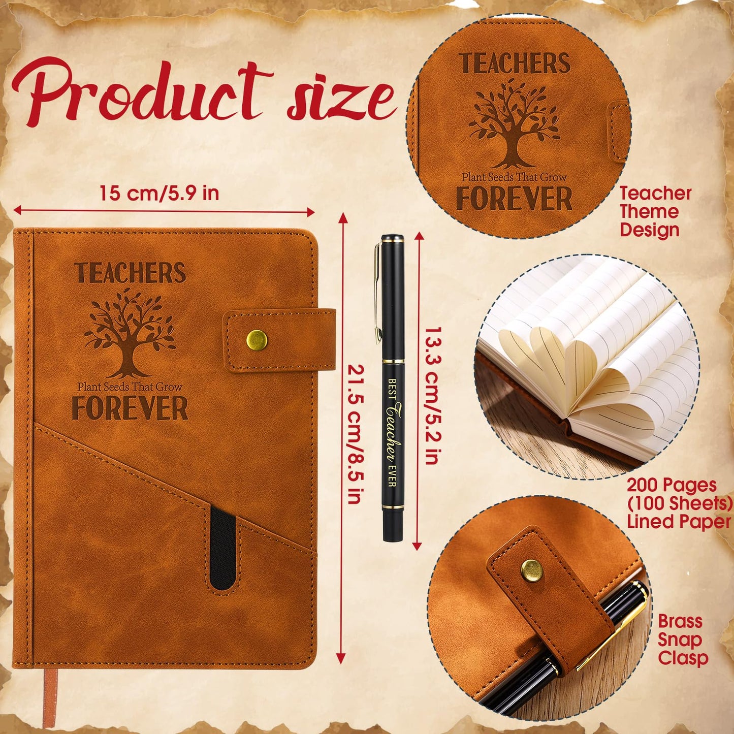 Dunzoom 6 Sets Teacher Appreciation Gifts Bulk Hardcover A5 Leather Notebooks with Pen End of Year Teachers Gift Notepads Graduation Thank You Gift for Teacher's Day School Office(Tree Style)