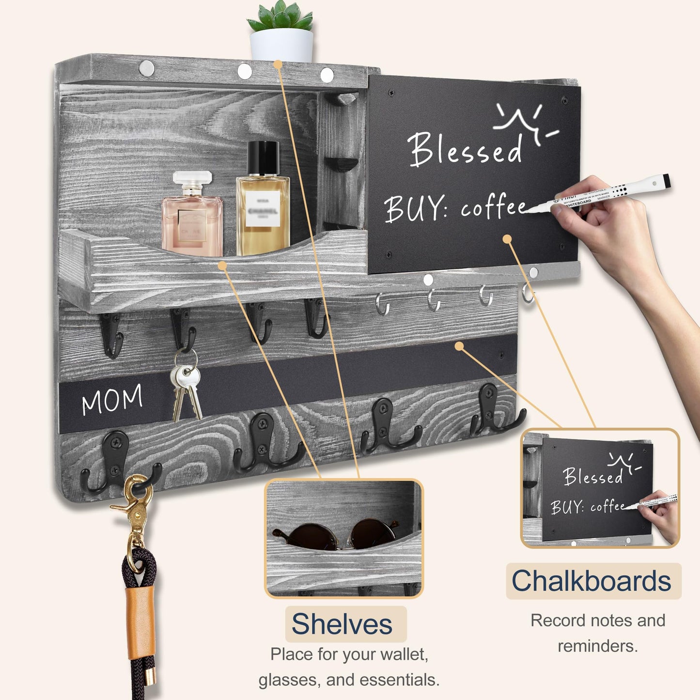 HEKOOLA Key Holder for Wall Mount with Shelf and Mail Organizer, Key and Mail Holder with 16 Hooks, Farmhouse Entryway Organizer, Home Decor Rack(Pine Wood,Washed Gray)