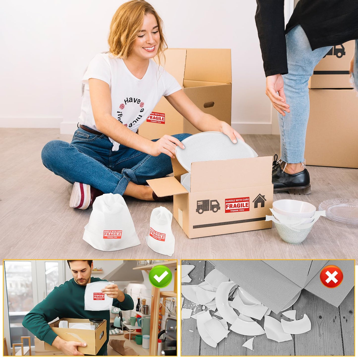 400PCS Dish Packing Supplies for Moving,300 Cushioning Foam Pouches and Sheets,4 Sizes(16"x12",12"x12",12"x7.8",7.8"x7.8") with 100 Fragile Stickers,Packaging Foam for Protect Dishes Glasses Storage
