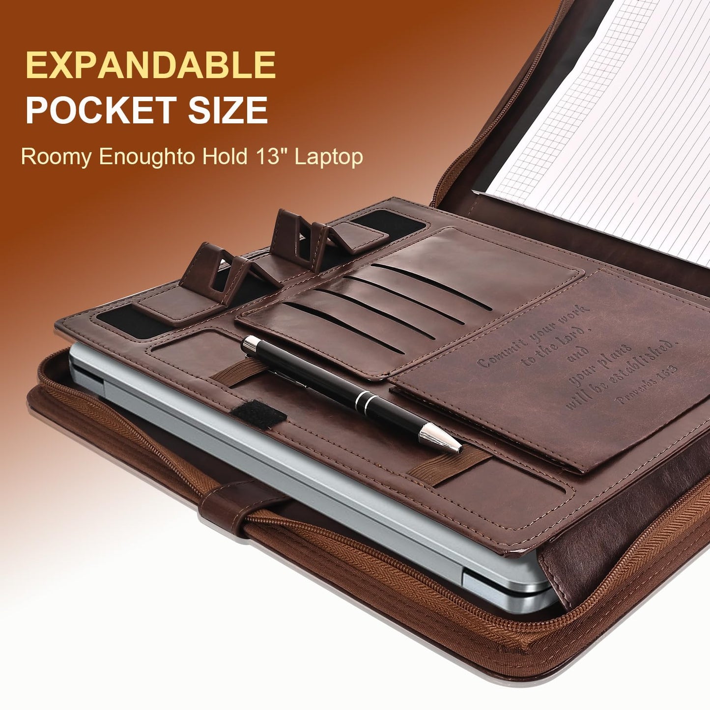 Leather Portfolio for Men and Women – Business Binder Portfolio, Professional Organizer for Men and Women, Christian Gifts, Laptop & iPad Case, Bible Notepad Holder (Brown)