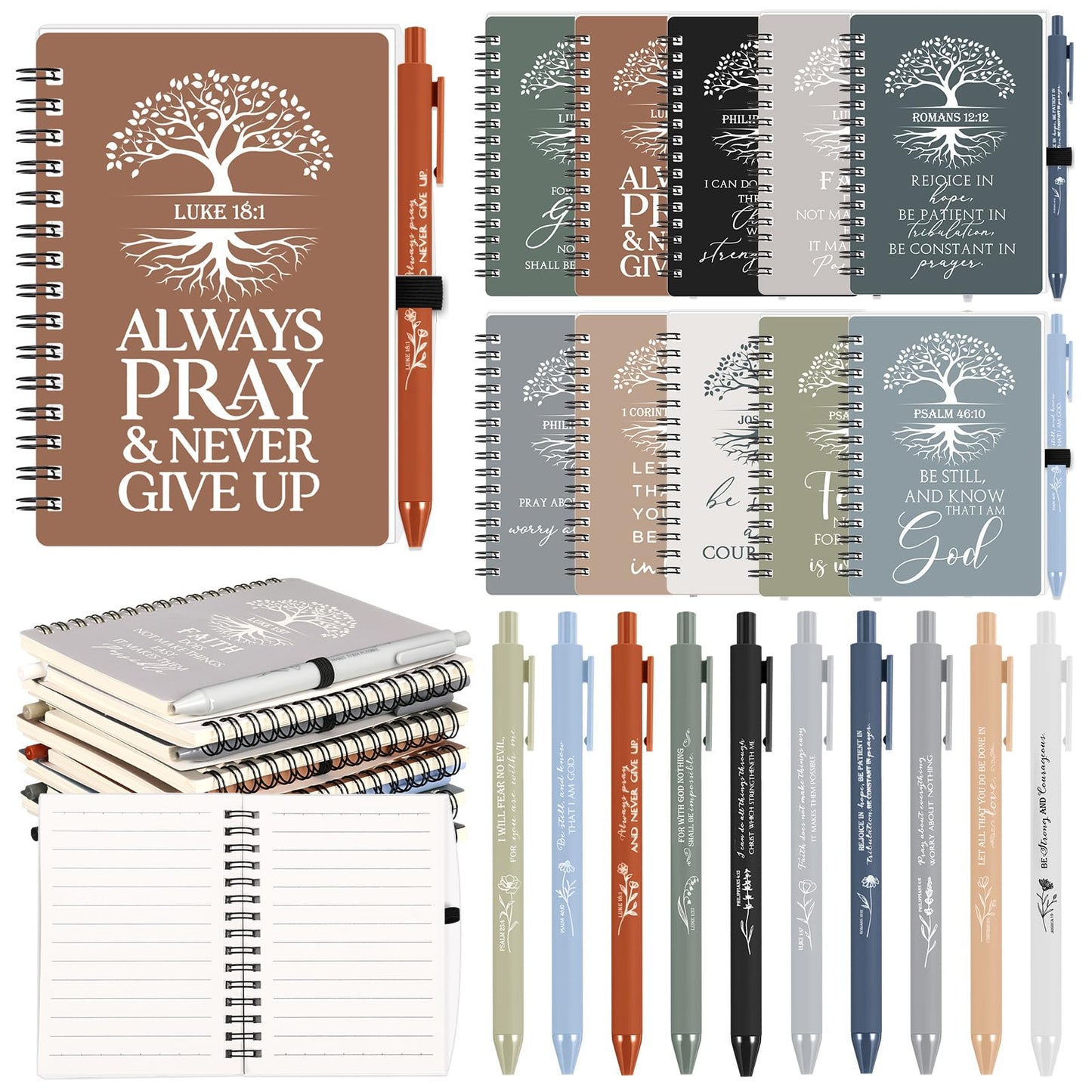 Kosiz 60 Pcs Fathers Day Christian Gift Bulk for Women, Motivational Church Prayer Journal Bible Verse A6 Spiral Notebook with Ballpoint Tree Life Religious Gift for Men Teacher (Boho Color)