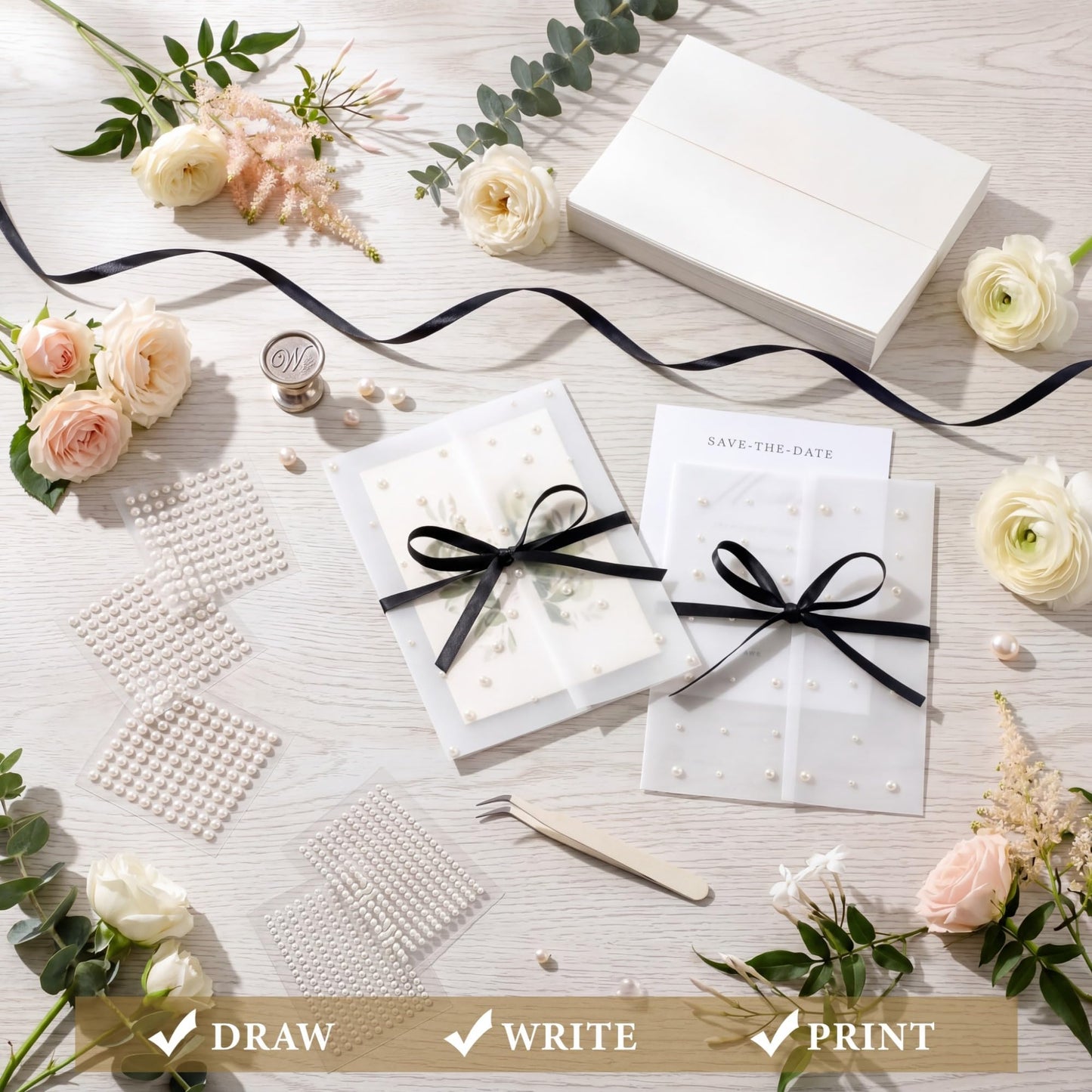 Faccito 100 Pcs Pre Folded Vellum Jackets for 5x7 Invitations Wedding Invitation Vellum Paper, Pearls Stickers, Ribbon, Tweezers, Envelope Tissue Paper Inserts for Wedding Birthday DIY Craft (Simple)