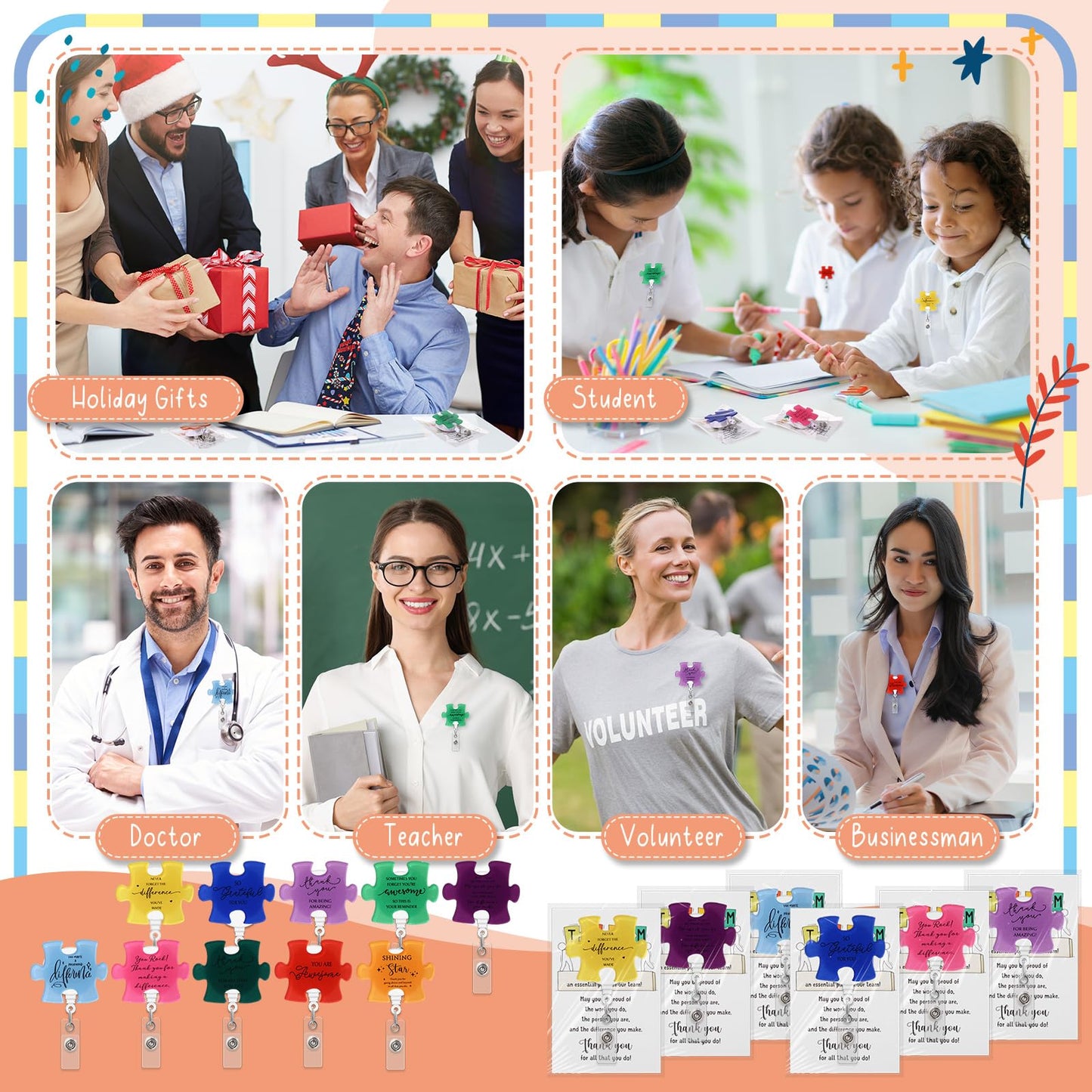 ReliThick 40 Set Employee Appreciation Gifts Bulk, Puzzle Badge Reel with Thank You Cards, Retractable ID Badge Holder for Nurse Teacher Staff Team Coworker Hospital School CNA Week (10 Styles)
