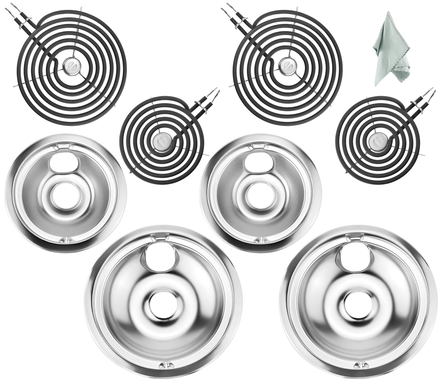 AMI PARTS Stove Drip Pan Burner Kit - WB31T10010 & WB31T10011 Porcelain Drip Pan Bowls, WB30M1 & WB30M2 Electric Coil Burner Elements - Fit for G-E, Hot-point, Ken-more, Includes Cleaning Cloth