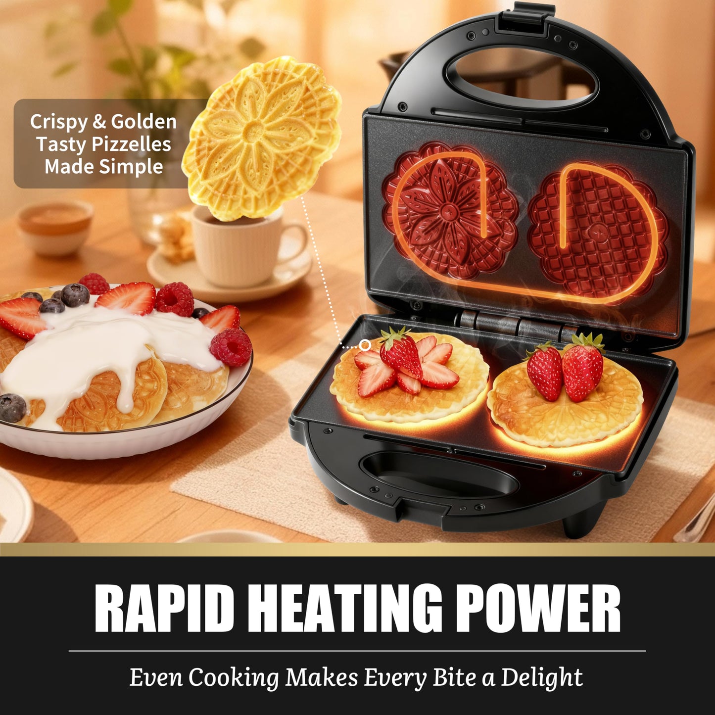 FineMade Pizzelle Maker with Non-Stick Coating, Electric Pizzelle Cookie Baker Press with Snowflake Pattern, Make Two 4 Inch Traditional Italian Waffle Cookies at Once, Recipe Included