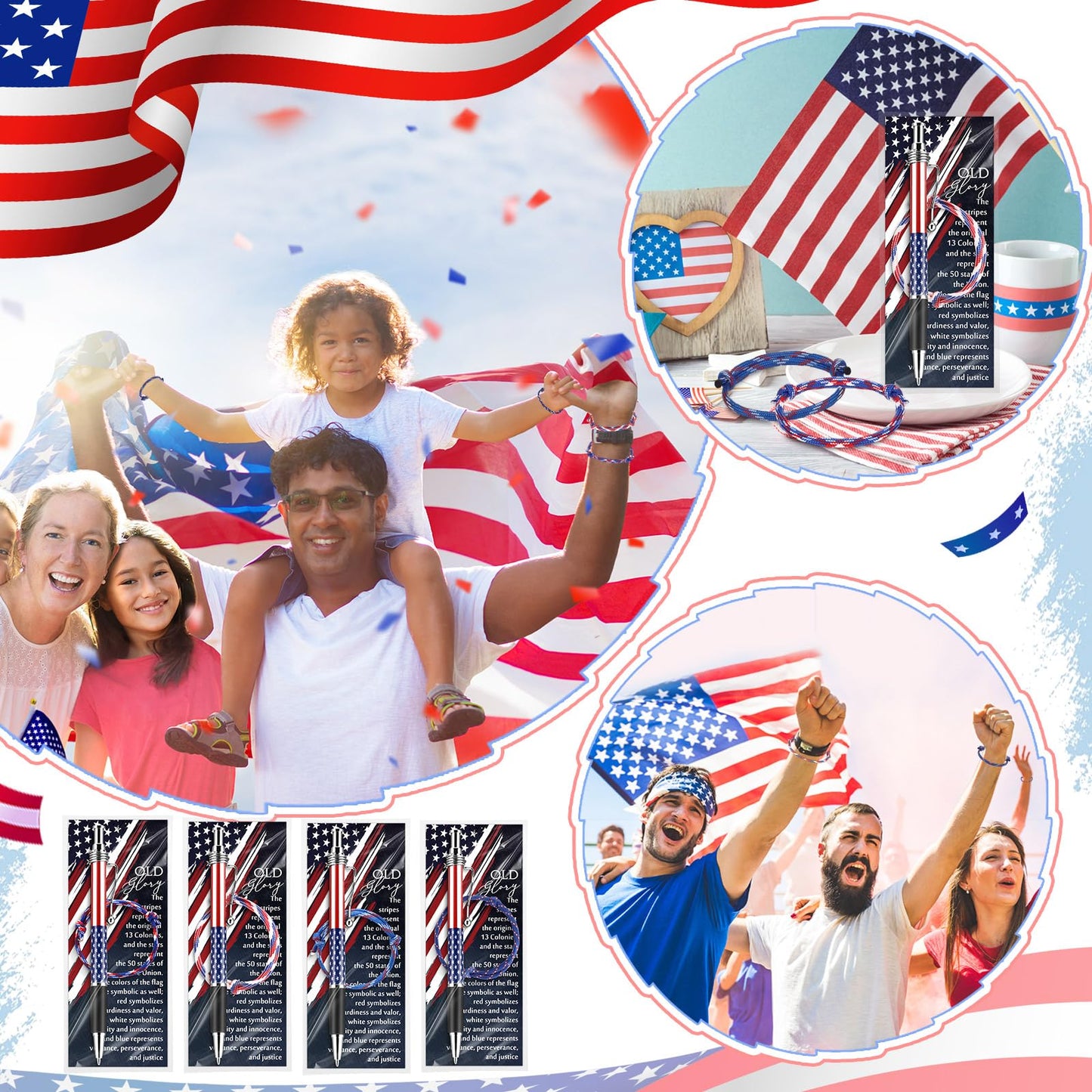 Sayglossy 180 Pcs Memorial Day 250th Anniversary Ballpoint Pen Rope Bracelets and Star Stripe Bookmarks Military Appreciation for Army Veterans Patriotic Party Independence Day Accessories (Old Glory)
