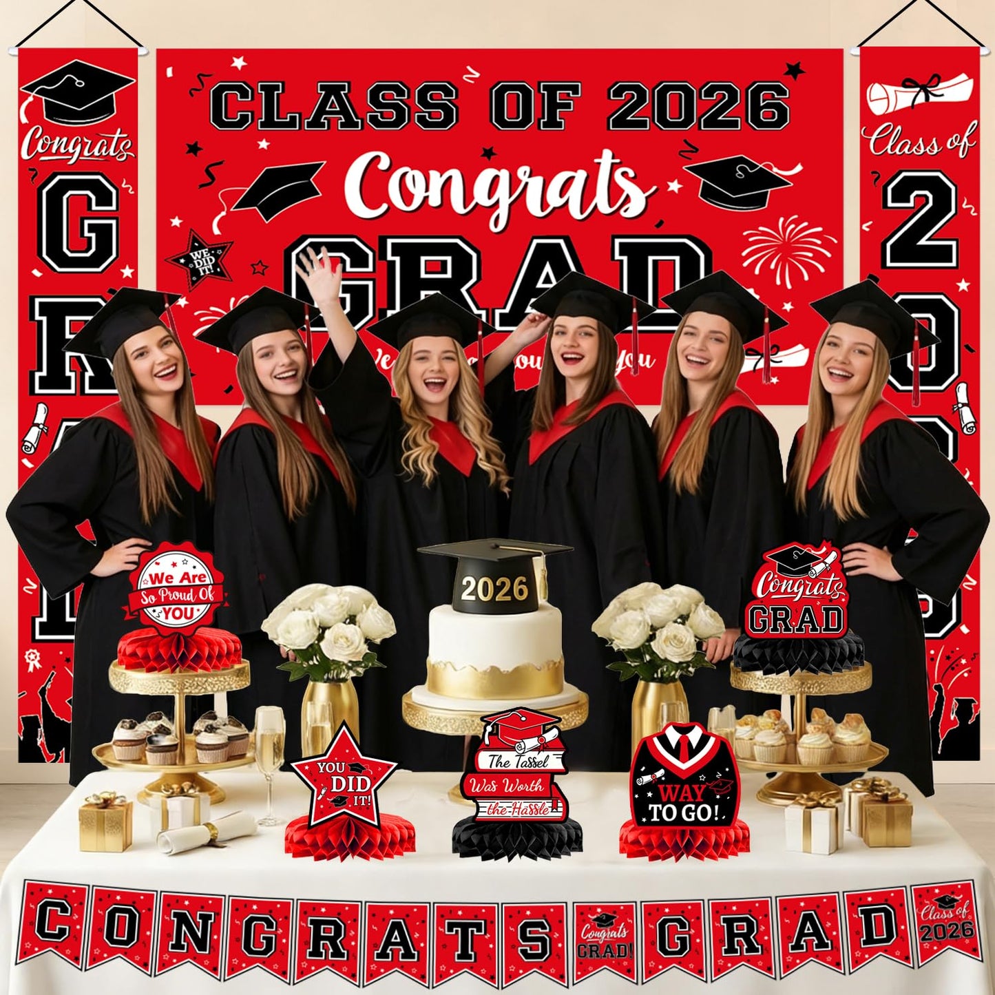 2026 Graduation Decorations, Red and Black Graduation Decorations Set with Congrats Grad Banner & Backdrop, Porch Sign, Hanging Swirls, Balloons, Honeycomb Centerpieces for All Congrats Grad Party Decorations