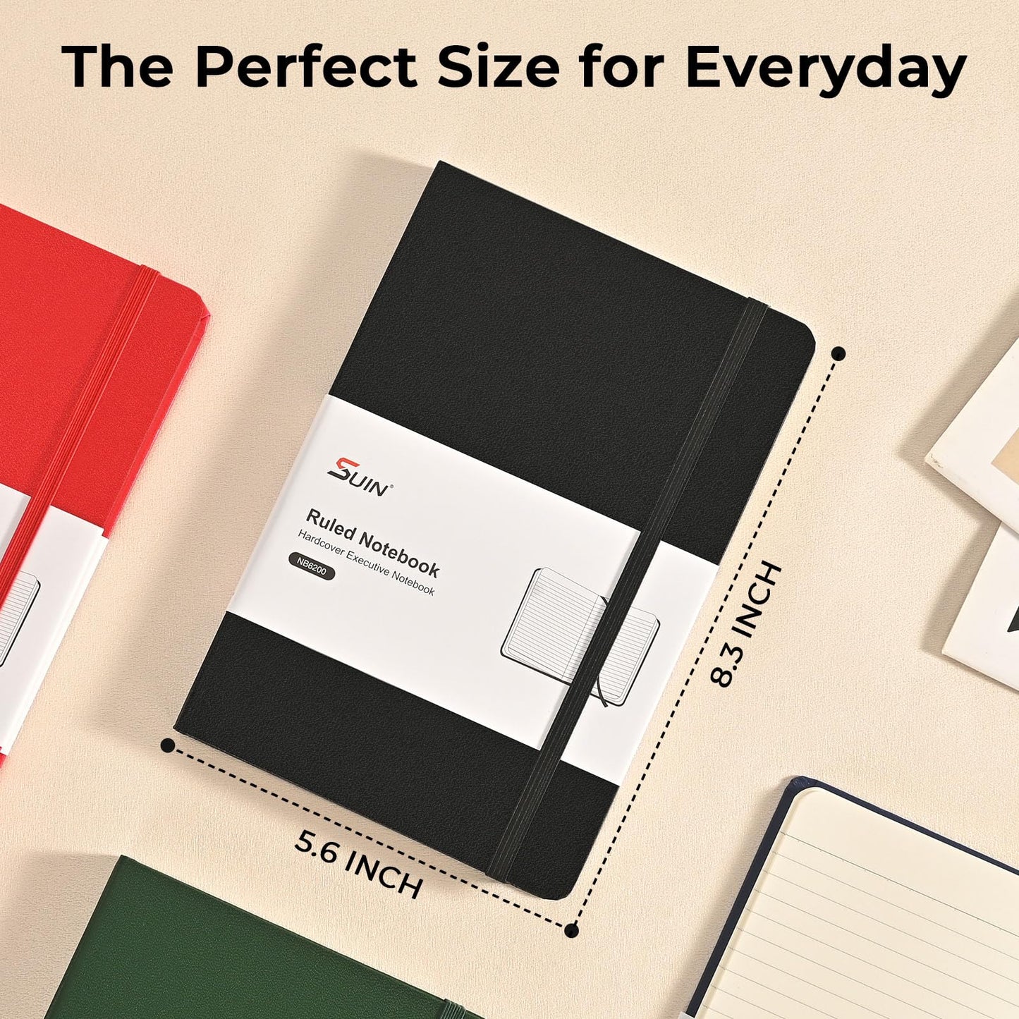 SUIN Lined Journal Notebooks for Work, School & Journaling – Hardcover, Medium A5 Size 5.6 x 8 in, 160 Pages, 100 GSM Thick Paper for Note Taking & Writing (Black-8Pack)