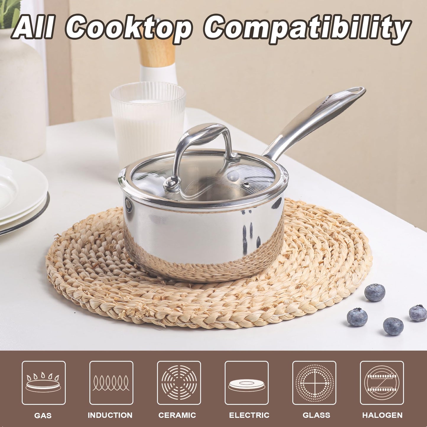 KC-Emier 1-Quart Saucepan with Lid, Tri-Ply Stainless Steel Pot with Stay-Cool Handle & All Cooktop Compatibility (Gas, Ceramic, Electric) - Silver