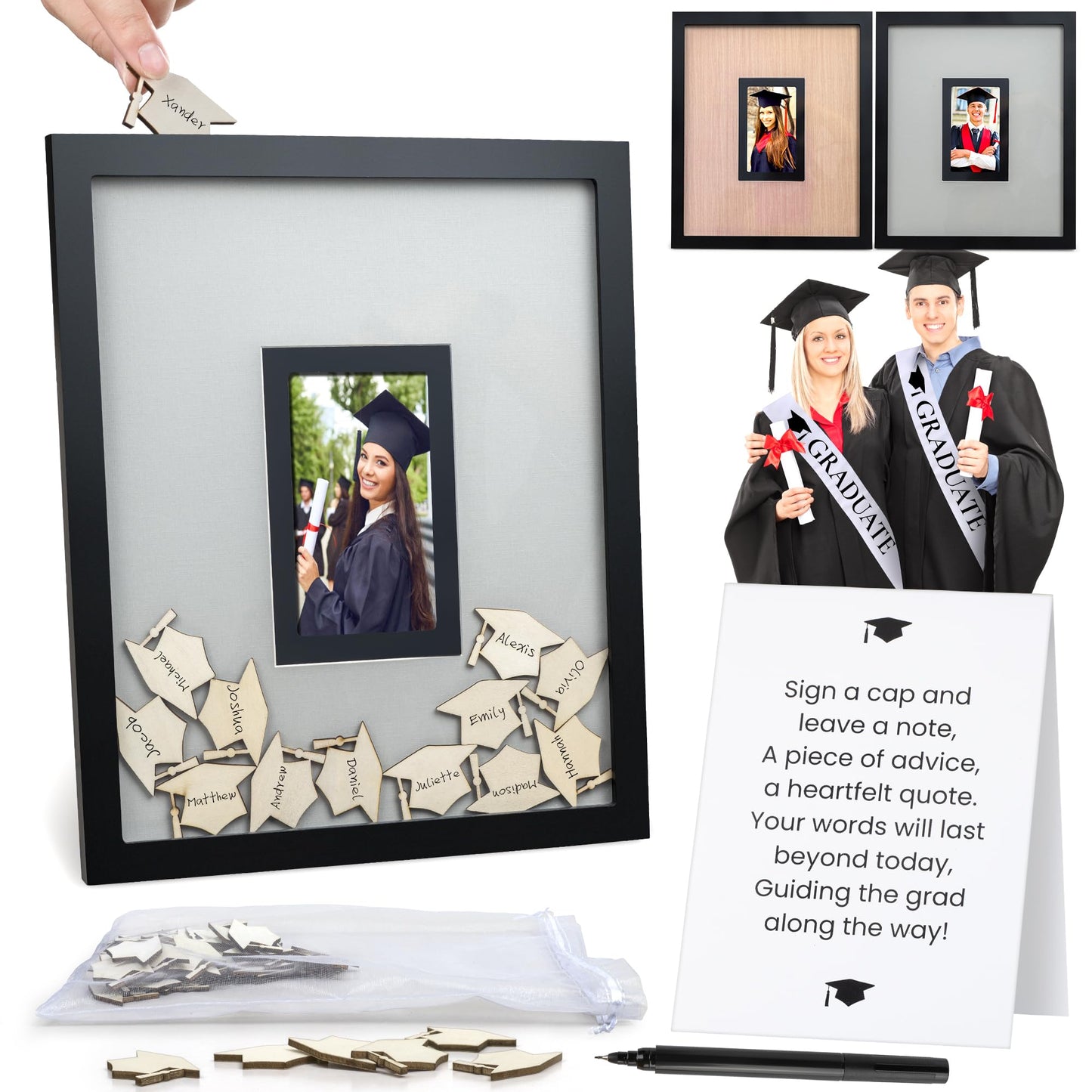 Graduation Guest Book 2026 – Wooden Cap Drop Frame Guestbook for Graduation Party with Wooden Grad Caps, Photo Slot & Pen, Grad Guest Book, Graduation Sign in Book, Graduation Book to Sign, Grad Party