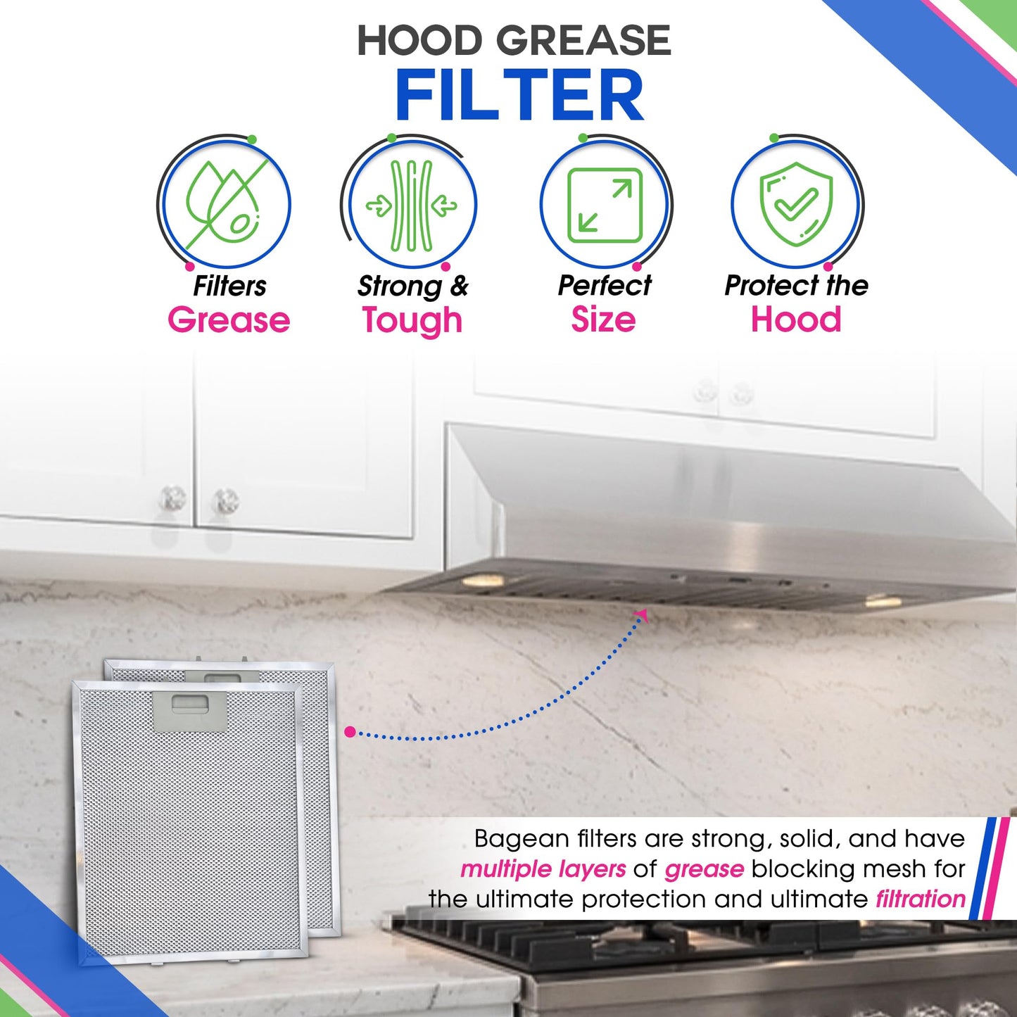 Bagean Range Hood Filter Replacement 12" x 10.5" W10169961A Compatible with Whirlpool Stove Hood Vent Filter - Aluminum Screen for Kitchen Overhead Exhaust Fan Blocks Grease & Filters Oven Air (3-Pk)