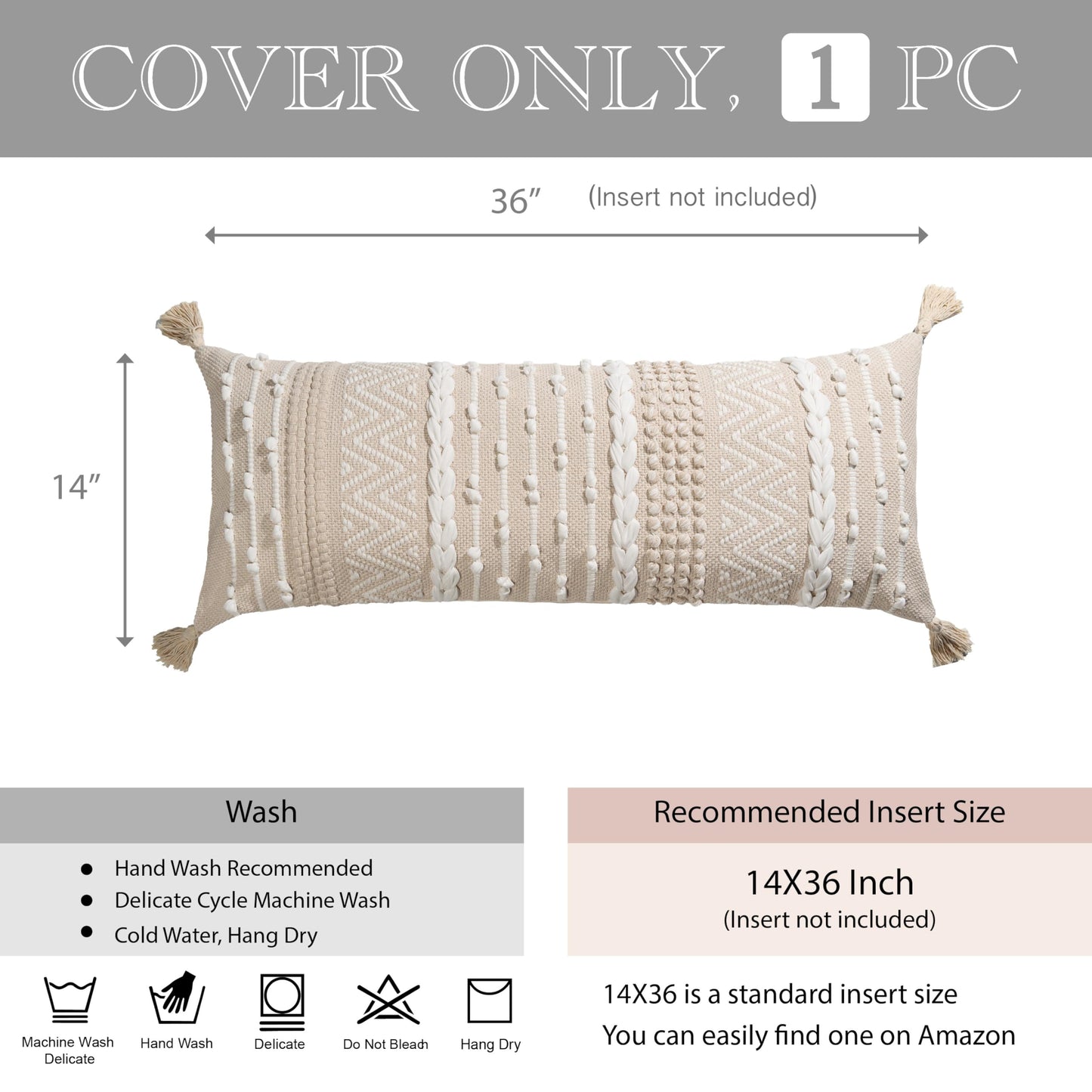 BlissBlush Cream Decorative Lumbar Throw Pillow Cover 14x36 Boho Long Cushion for Bed Neutral Beige White Accent Modern Farmhouse Pillowcase for Bedroom Living Room Couch Sofa Home Décor Cover ONLY