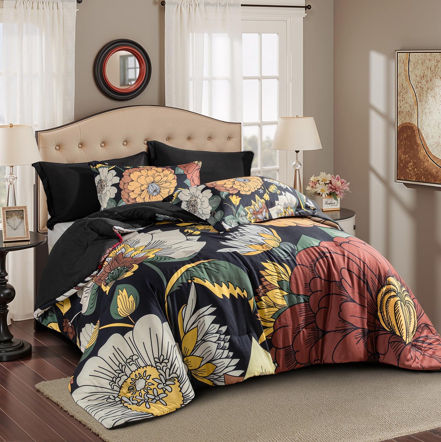 Tyrot Black Boho Floral King Comforter Set - 3 Piece Farmhouse Botanical Bedding Comforter Sets for All Season Soft Lightweight Mid Century Bed Set, (1 Reversible Comforter and 2 Pillow Shams