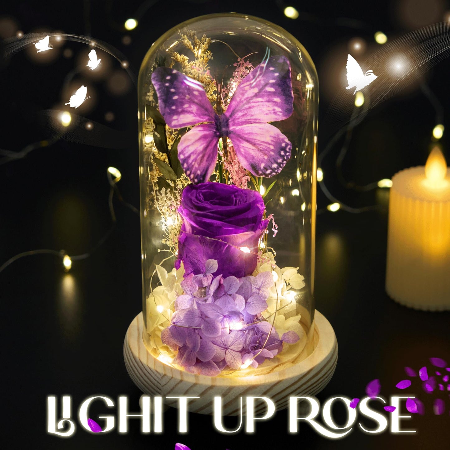 JIGQGY Forever Flowers Preserved Roses Prime Delivery, with Light in Glass Dome for Mom Grandma Wife Girlfriend, Purple Flower for Mother's Day, Valentine's Day, Anniversary, Birthday