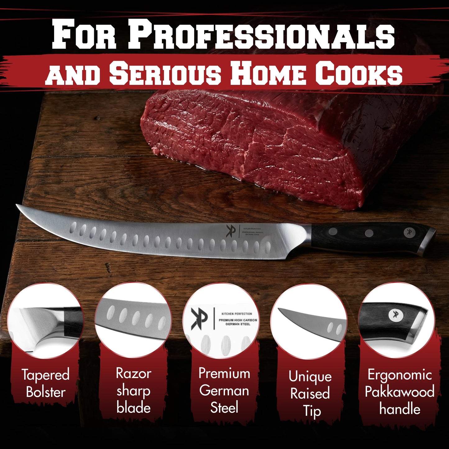 KITCHEN PERFECTION 10” Butcher Knife for Meat Cutting & Trimming-Ultra Sharp Cimeter Breaking Carving Knife with Sheath- Premium German Steel,Full Tang Ergonomic Handle -Perfect Grilling Gifts for Men