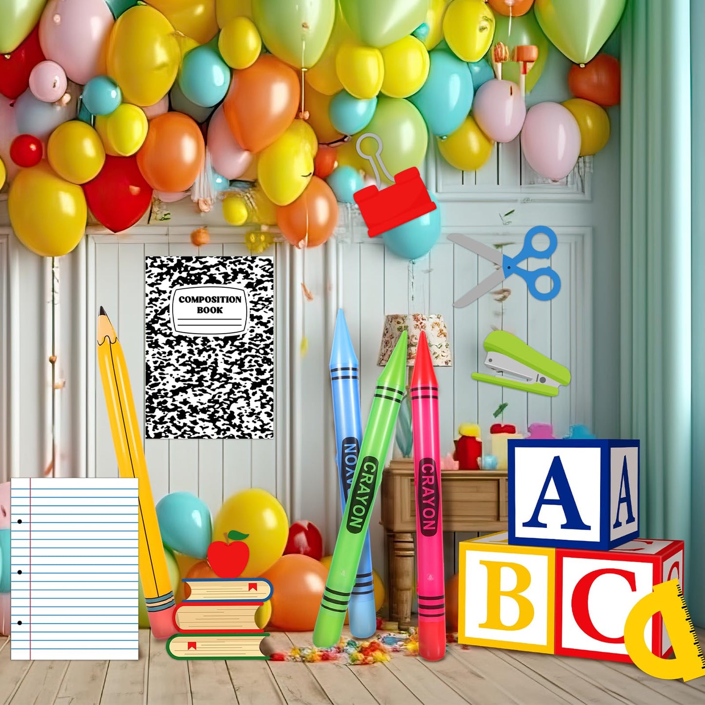 Resholder 14 Pcs Giant School Theme Party Decorations ABC Alphabet Party Favor Box Large Inflatable Pencil Crayon for Celebration Back to School Birthday Decoration