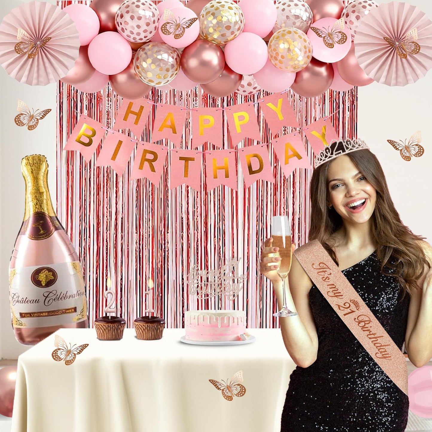 21st Birthday Decorations for Her, Rose Gold Happy 21st Birthday Decorations for Girls, 21 Sash and Crown, Banner, Fringe Curtains, Hanging Paper Fans, 21 Year Old Party Supplies Set