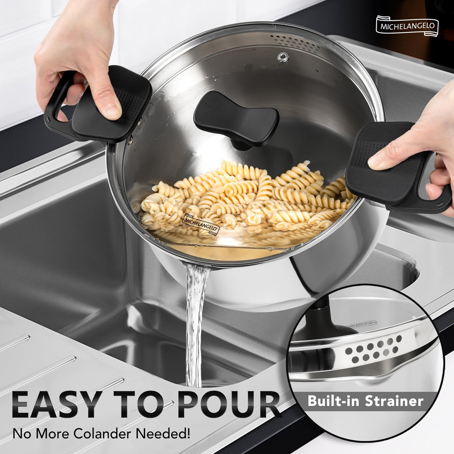 MICHELANGELO Stainless Steel Pasta Pot with Strainer Lid - Pasta Cooker | 6 Quart Induction Pot for All Cooktops, 6 Qt Spaghetti Pots with Strainer Lid