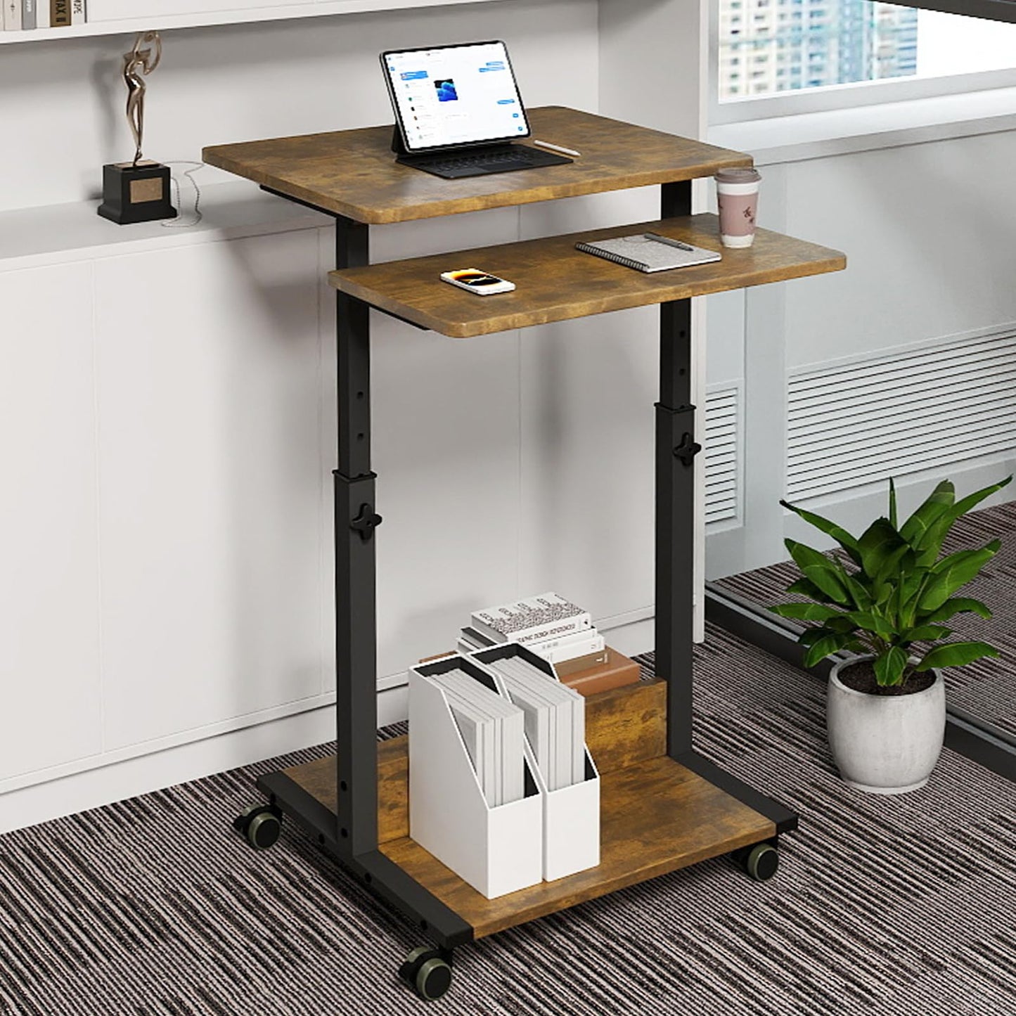 Funecy Small Standing Desk with Wheels,Small Mobile Computer Desks Adjustable Height, Portable Standing Office Desks,Computer Workstation for Home Office(Rustic Brown)