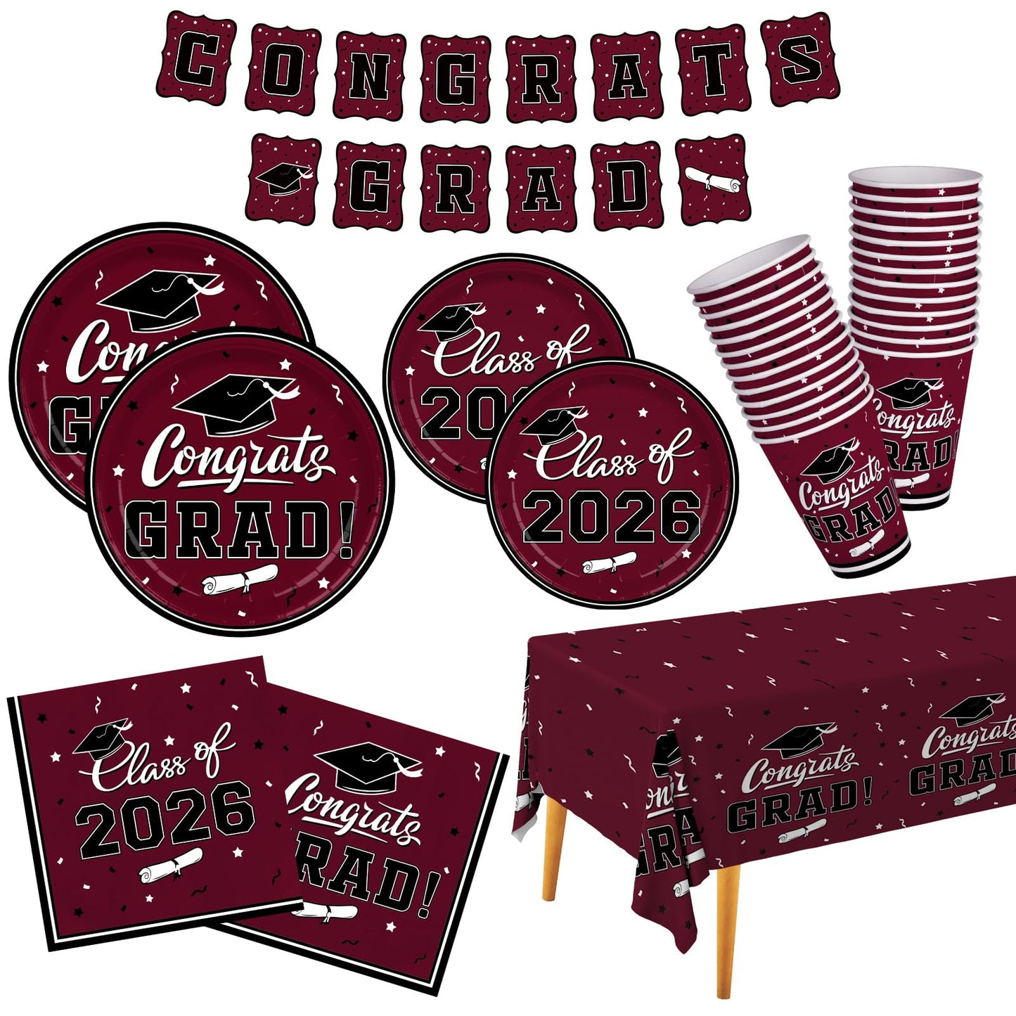 Graduation decorations 2026 Maroon Congrats Grad Party Dinnerware Set Disposable Paper Plates Napkins Cups Tablecloth Banner for Congrats Graduation Decorations 2026 deals, Serve 25