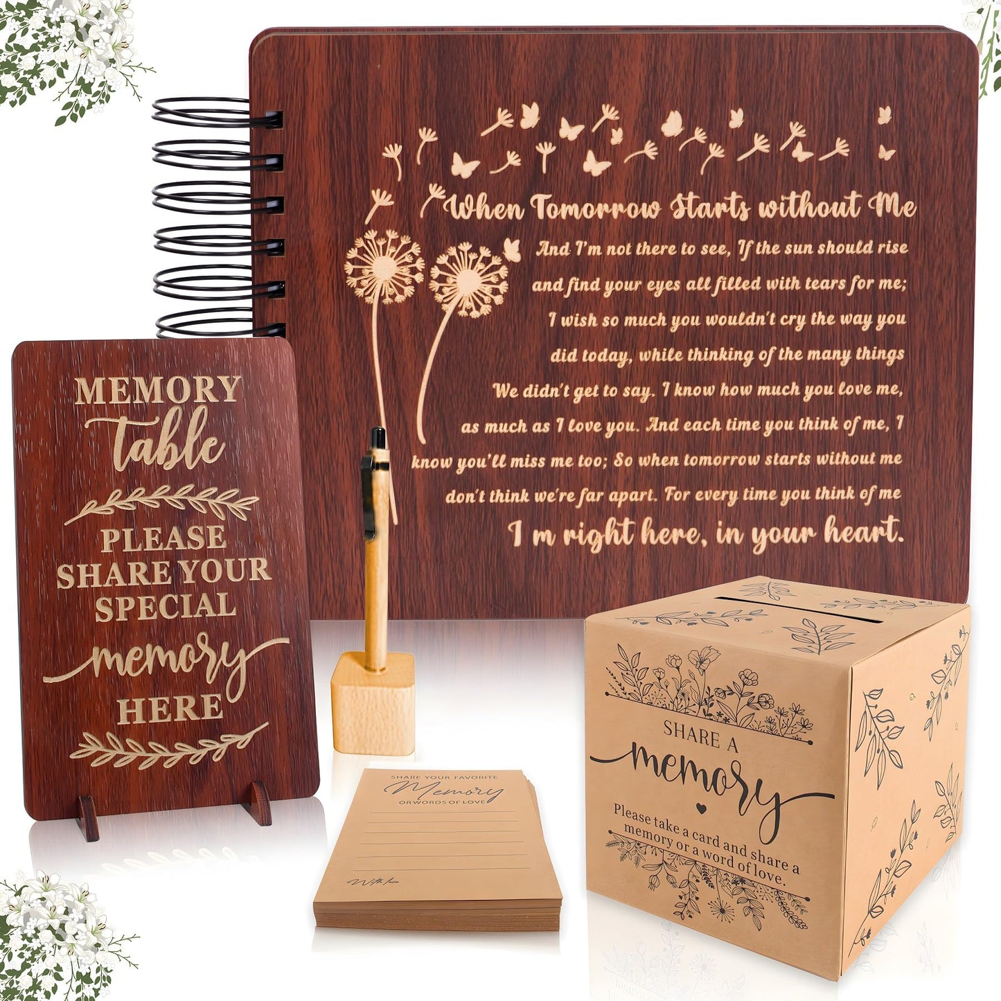 PREKIAR Funeral Guest Book for Celebration of Life, Wooden Guest Sign in Books for Memorial Service, Guestbook Set with 50pcs Share a Memory Cards Box Table Sign and Pen (Brown- Guest Book Set #3)