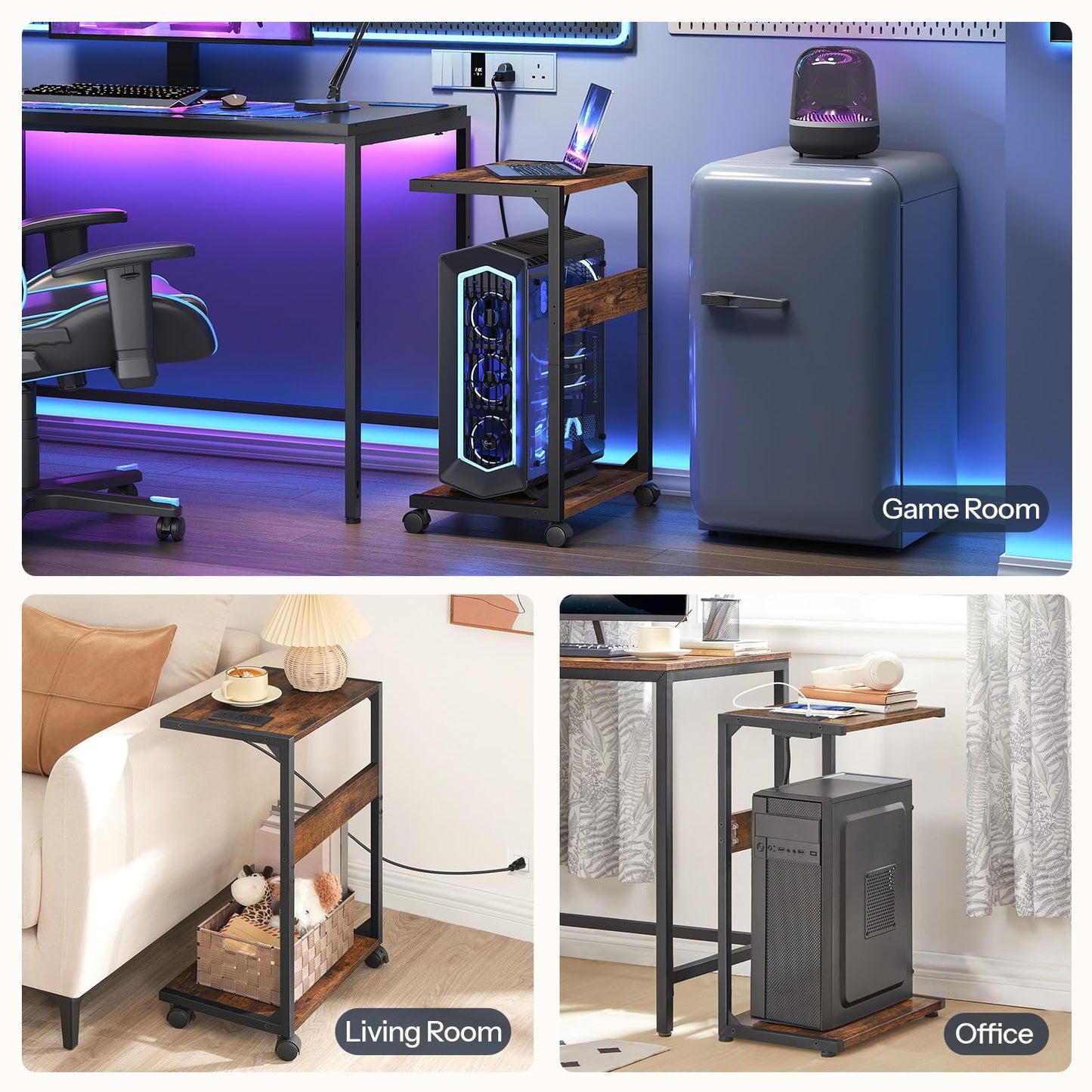 HOOBRO Computer Tower Stand, PC Stand with Charging Station, 2-Tier PC Tower Stand with Locking Caster Wheels, CPU Stand Fits Most PCs, PC Stand for Floor, for Home Office Rustic Brown BF01UCJ01G1