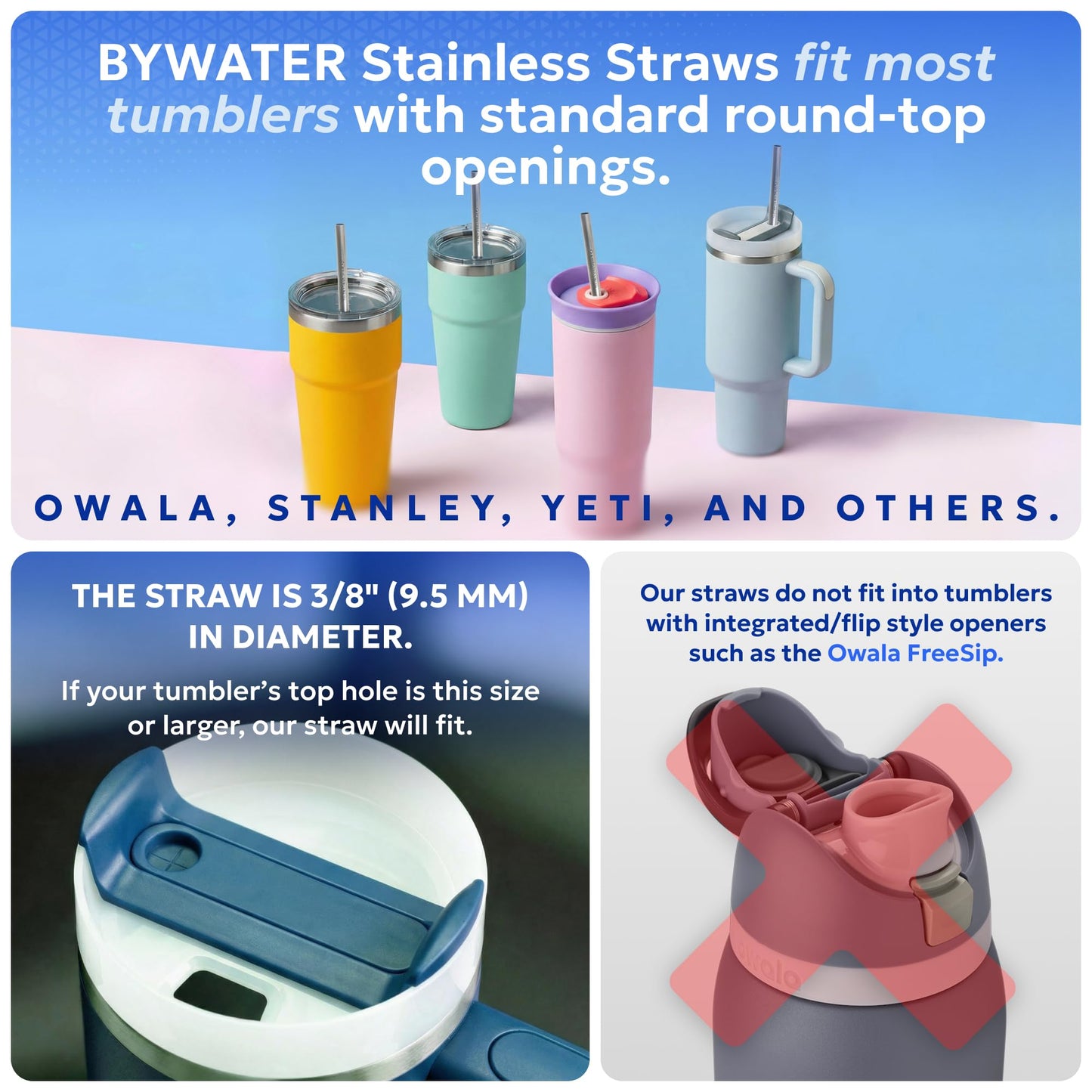 Made in USA Bywater Stainless Steel 10.5 Inch Straw Set of 2 Food Grade Premium Straws. Fits Stanley, Yeti Straw Lid, Owala and Many Others With Standard Straws. DOES NOT FIT FLIP STYLE LIDS