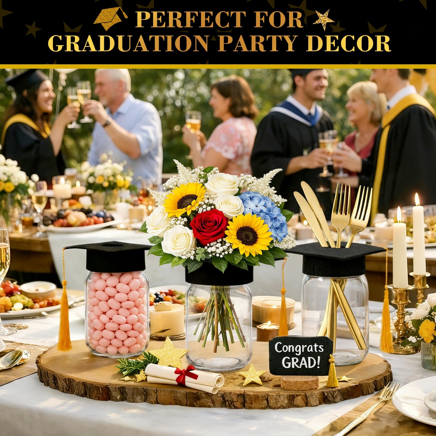 6 Sets 2026 Graduation Centerpieces for Tables, Mason Jar Centerpieces with Graduation Cap with Hole for Flowers, Class of 2026 Table Decorations, Congrats Party Supplies for College High School