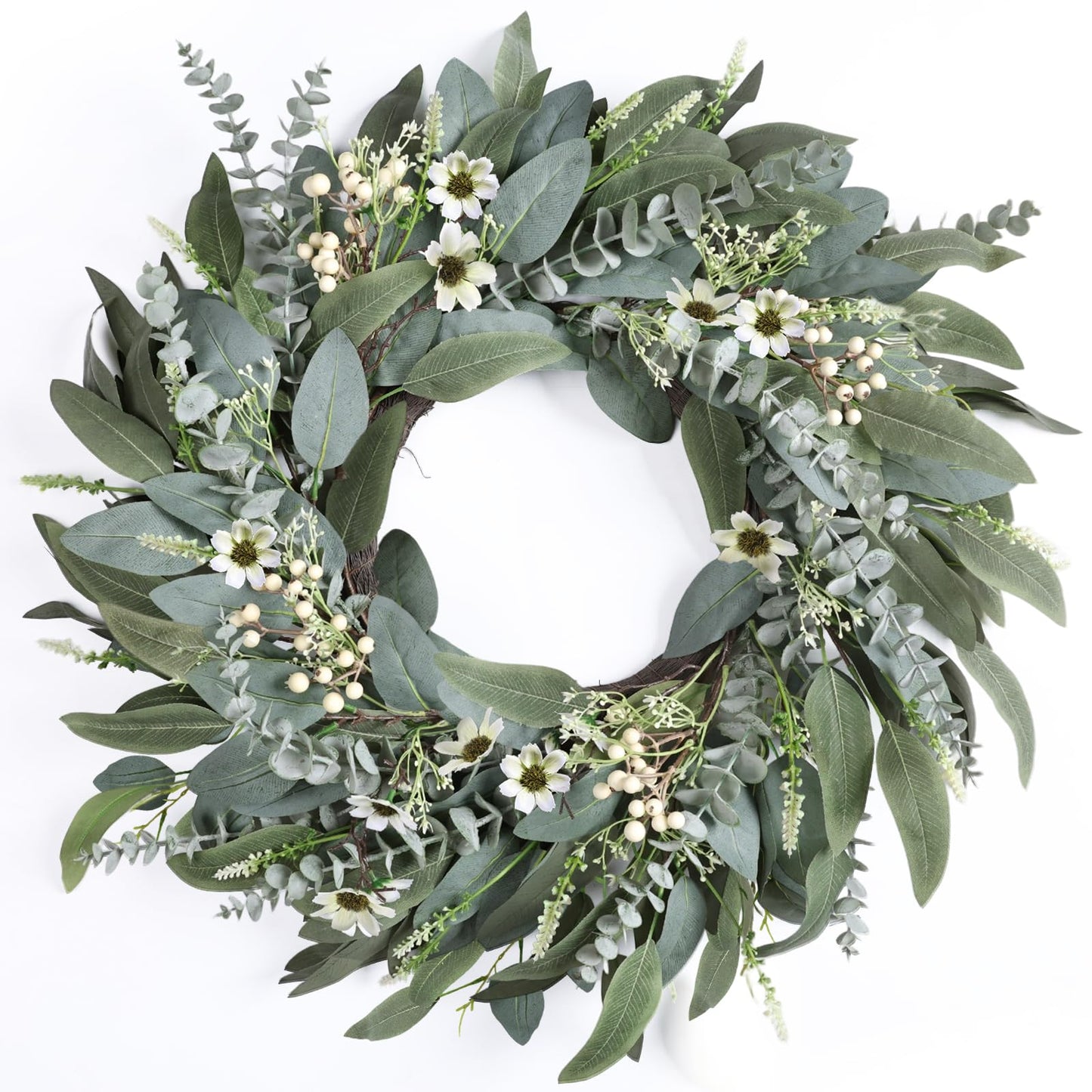 26 Inches Large Eucalyptus Spring Wreaths for Front Door,Artificial Greenery Summer Wreath with Berries White Flower Daisy,Easter Valentines Farmhouse Porch Wall Home Indoor Outdoor Décor
